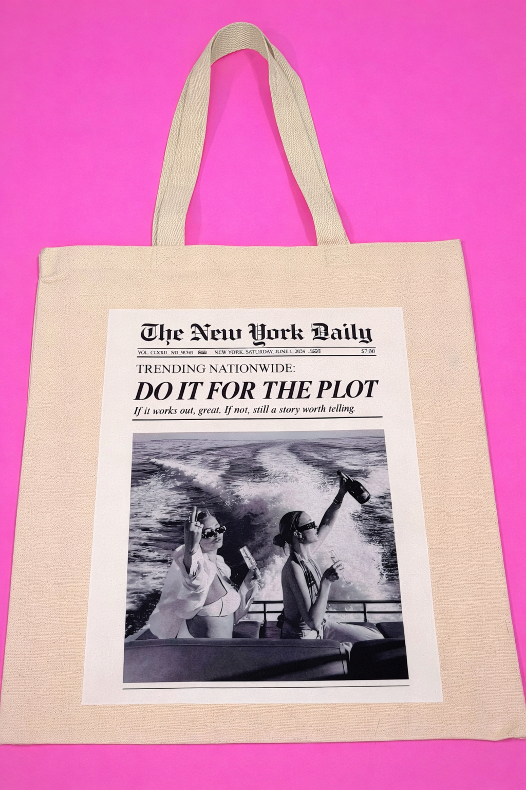 Tote bag with a design of 'The New York Daily' newspaper and title "Do It for the Plot"