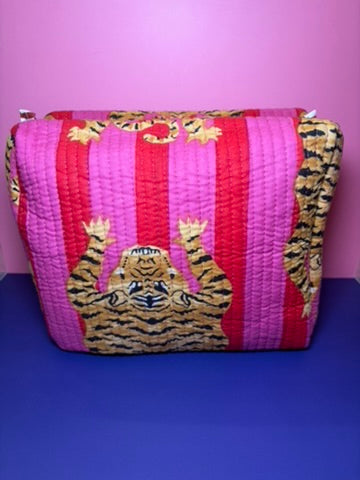 Pink and red cosmetic pouch with tiger design