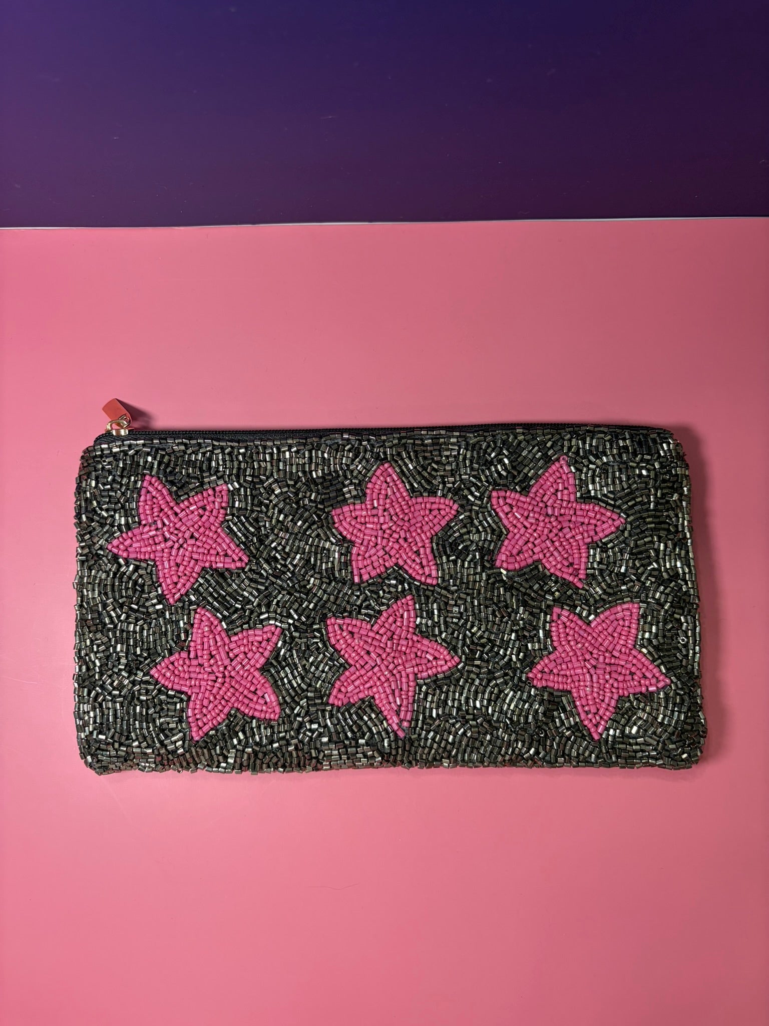 Gunmetal gray XXL beaded pouch with pink stars