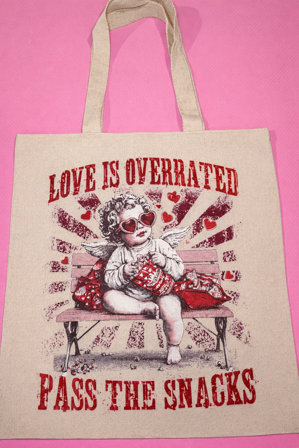 Love is Overrated Pass the Snacks - Medium Tote – Love is Overrated Pass the Snacks- Medium beige tote