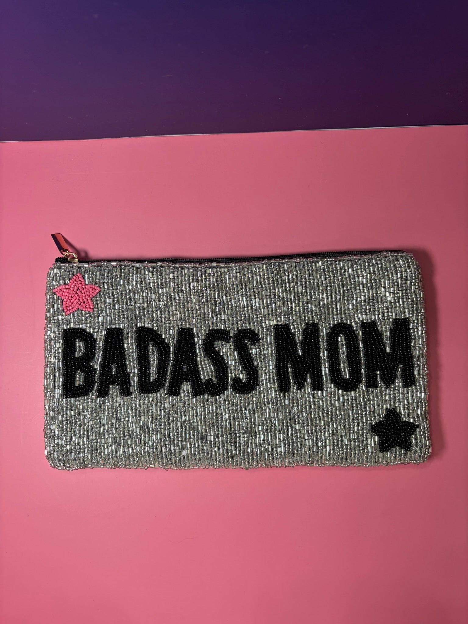 Badass Mom design silver beaded pouch with star accents