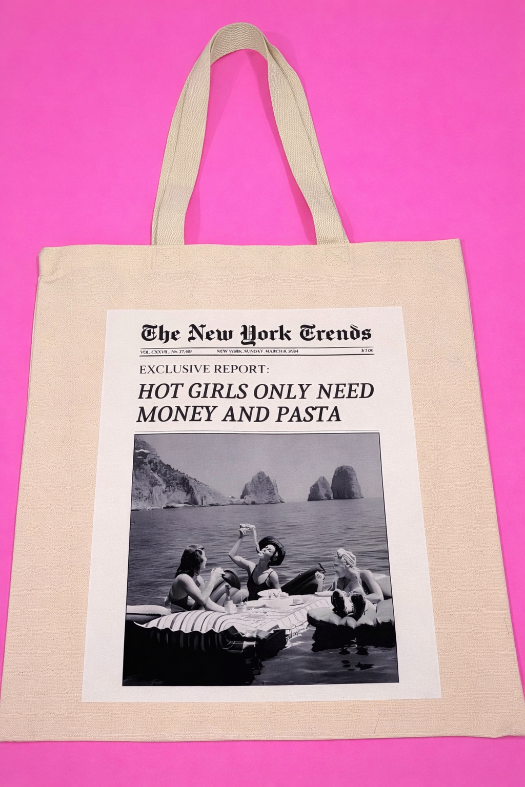 Tote bag with a printed design of 'The New York Trends' magazine cover on a pink background