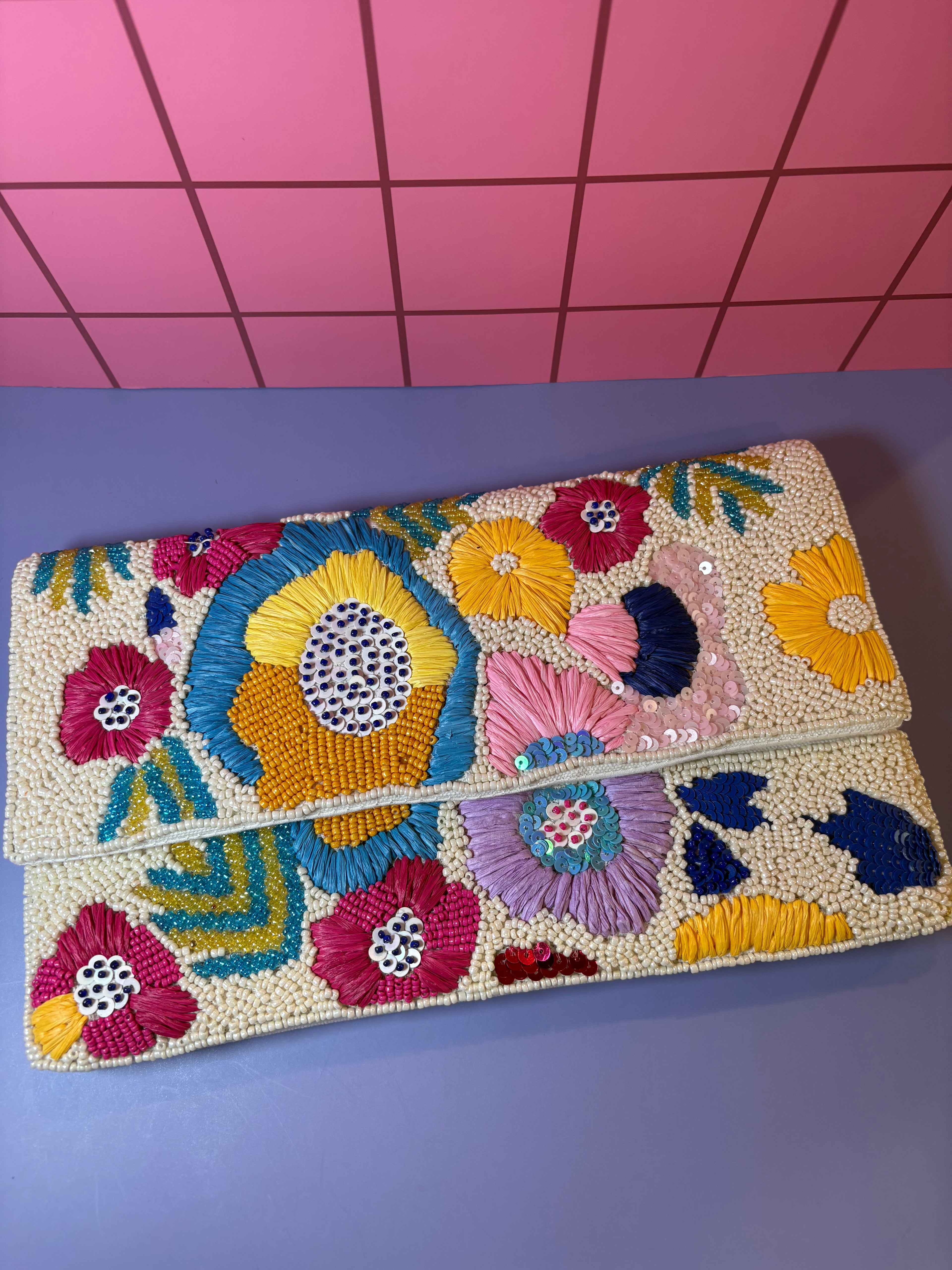 Floral beaded pouch clutch