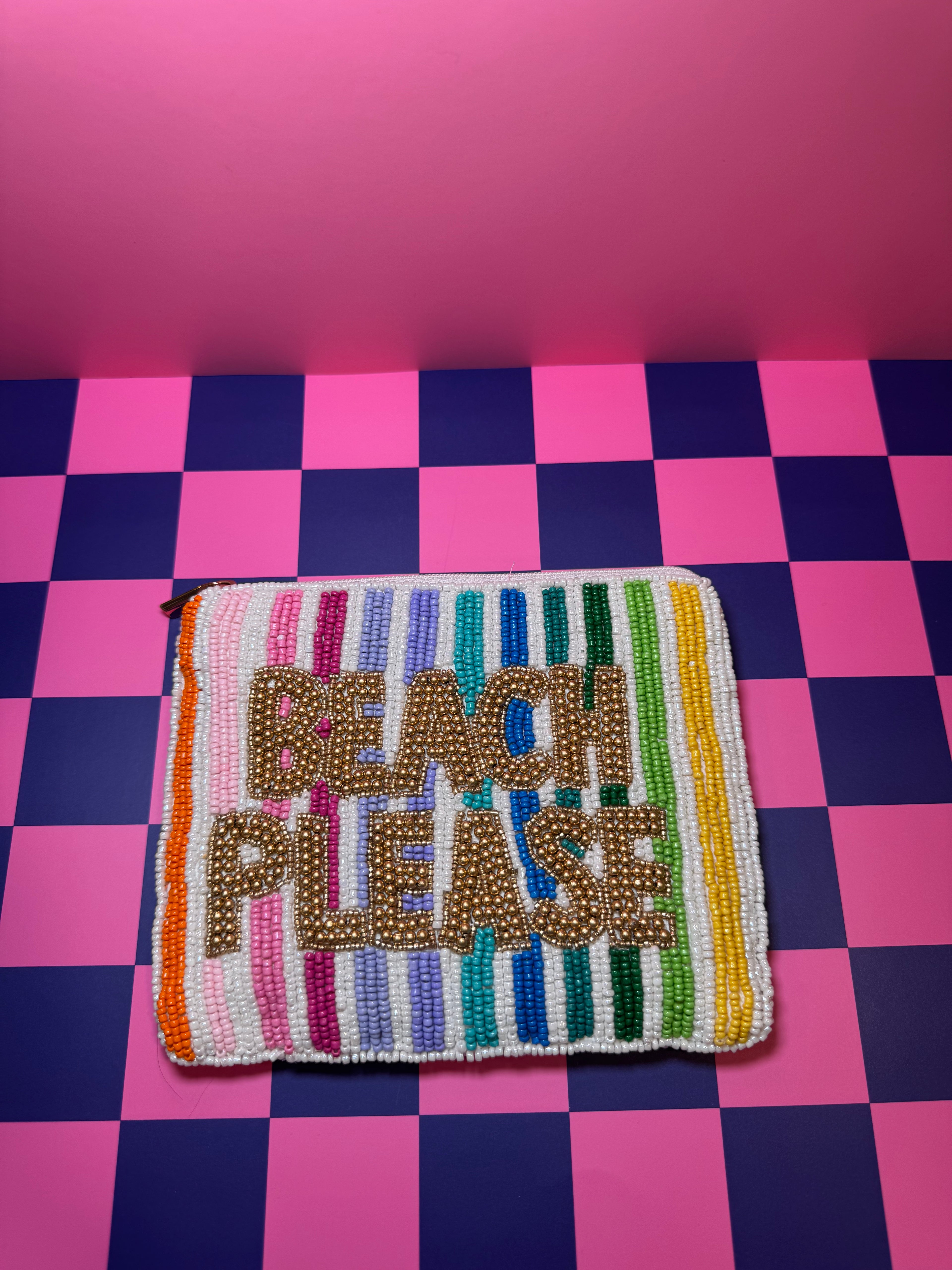 XL Beach Please Beaded Pouch in red