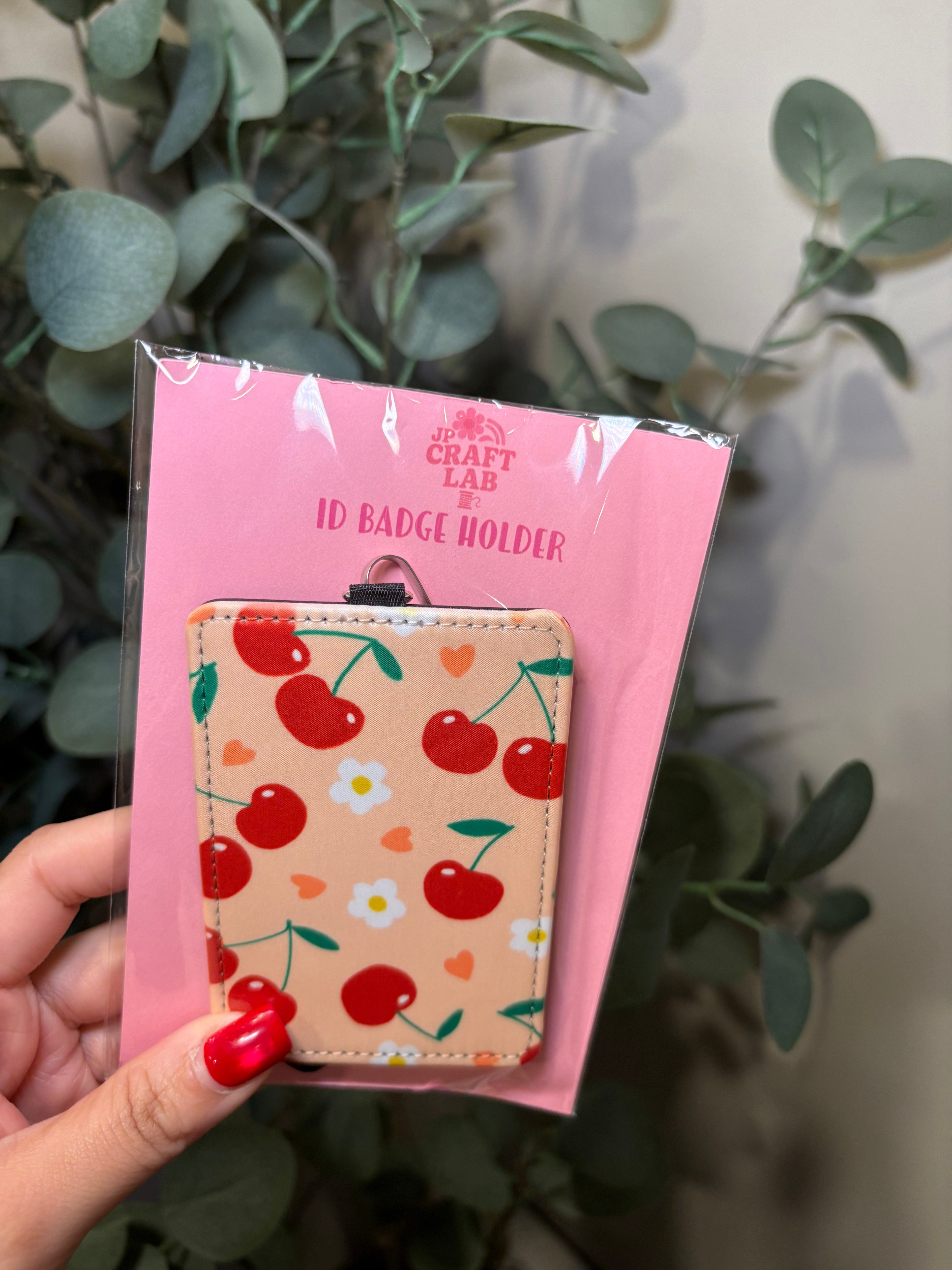 Large Cherries & Flowers - ID Badge Holder with Lanyard – ID Badge Holder with Black Lanyard