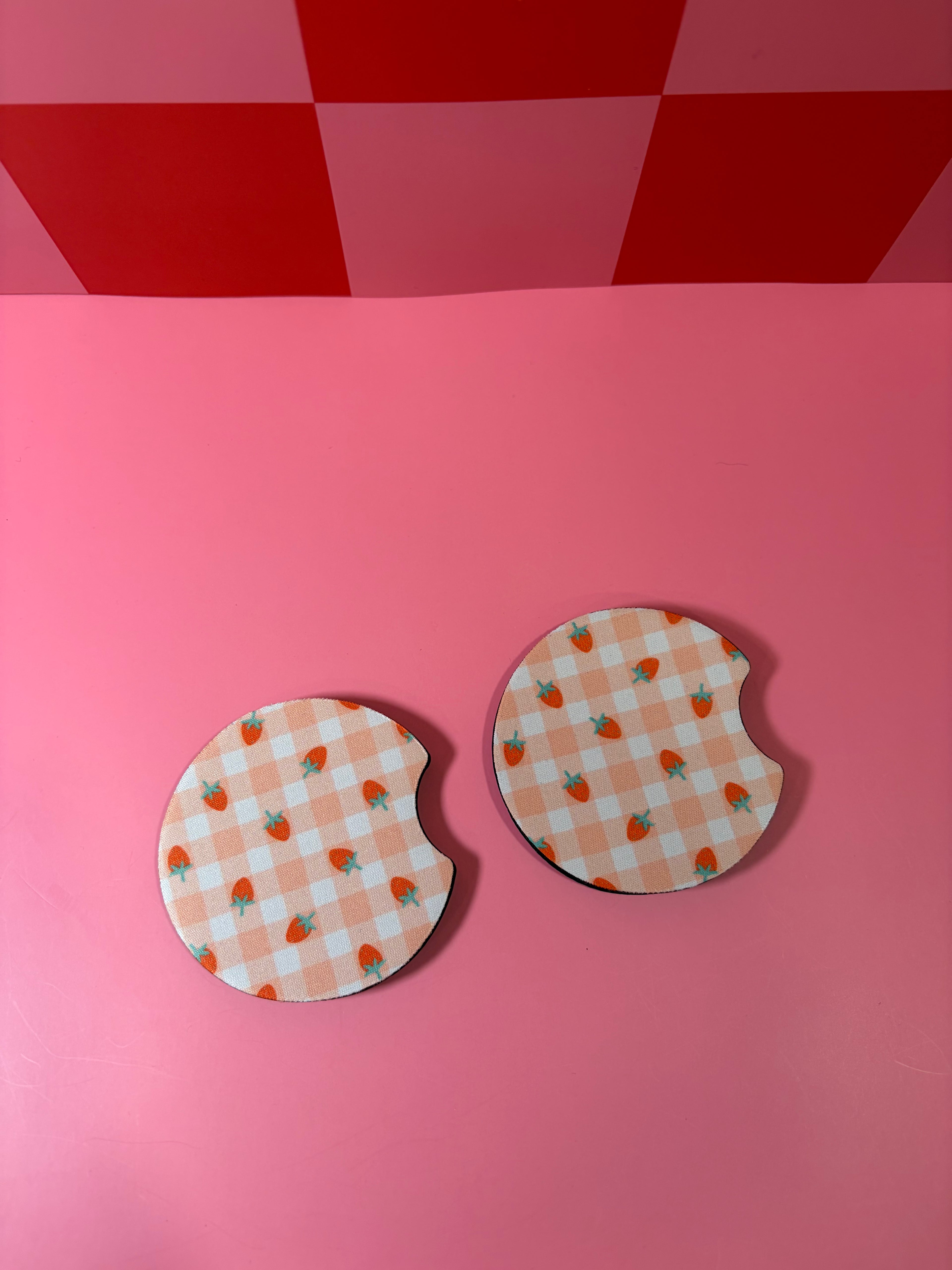 Checkered Strawberries Car Coaster (Pack of 2)