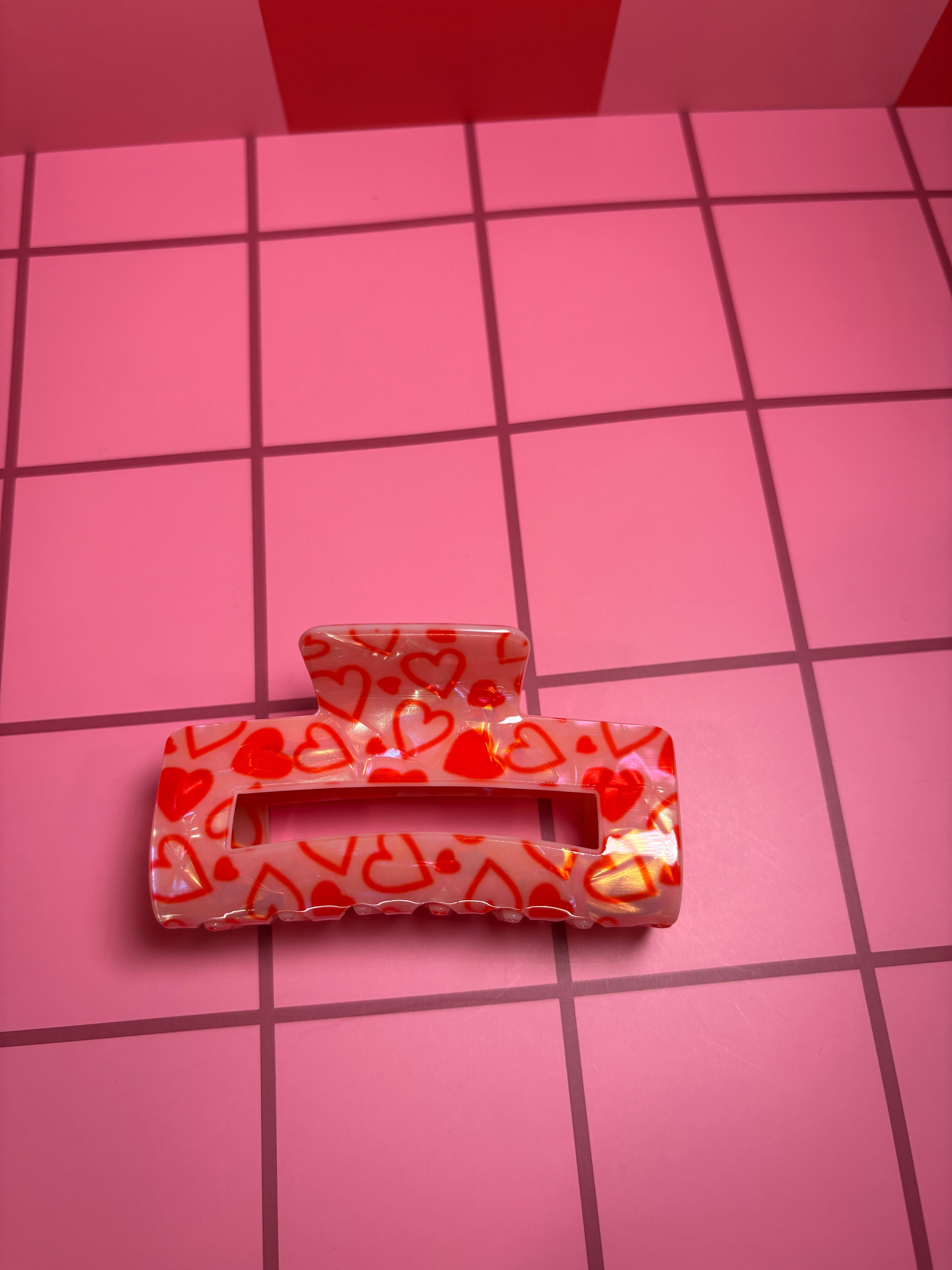 Valentines Pink and Red Iridescent with Hearts -Small Claw Clip