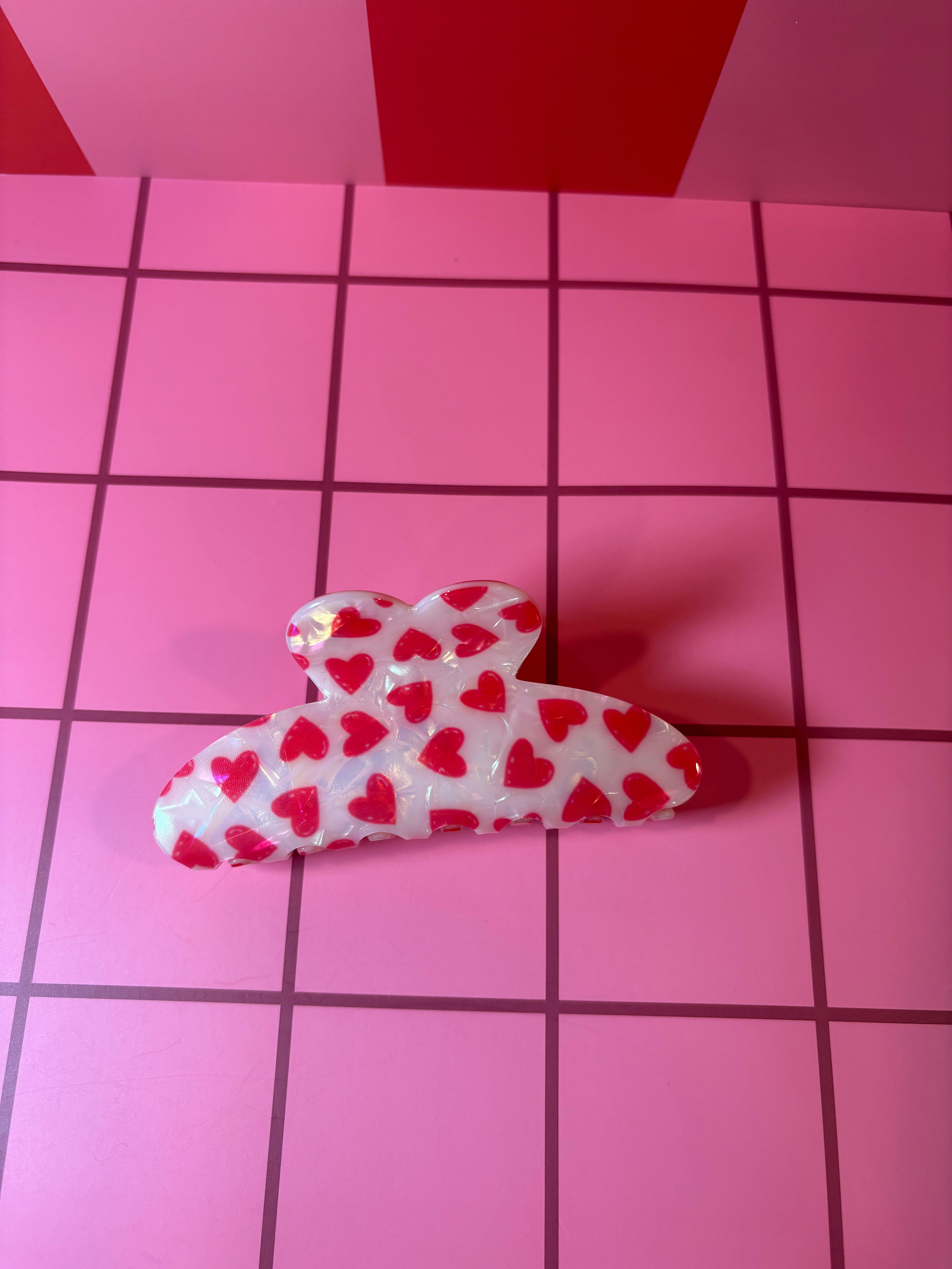 White Iridescent with Pink Hearts -Large Claw Clip
