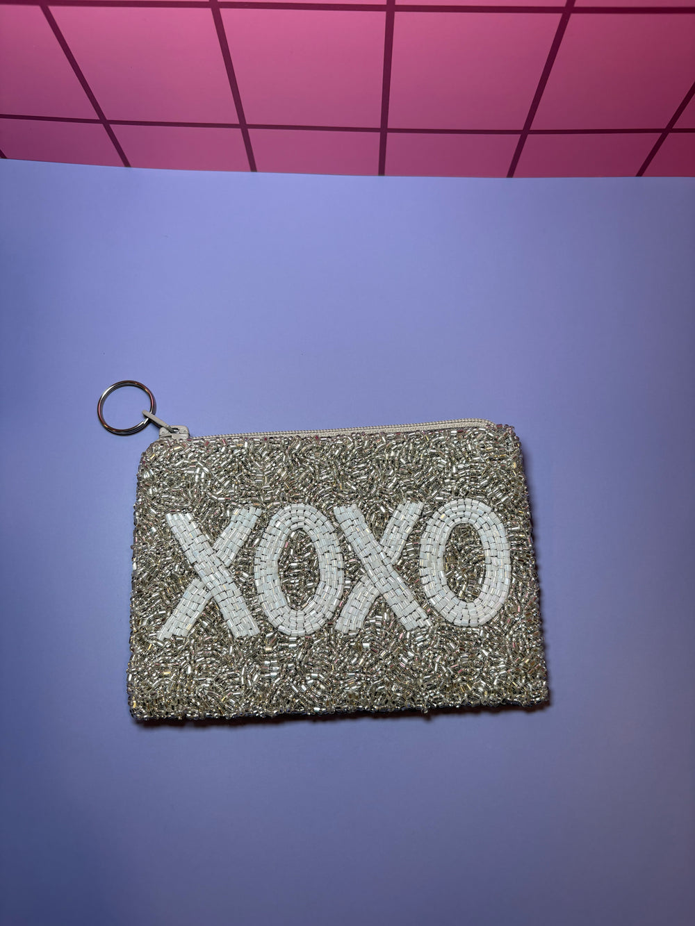 Gray XOXO - Small Beaded Pouch
