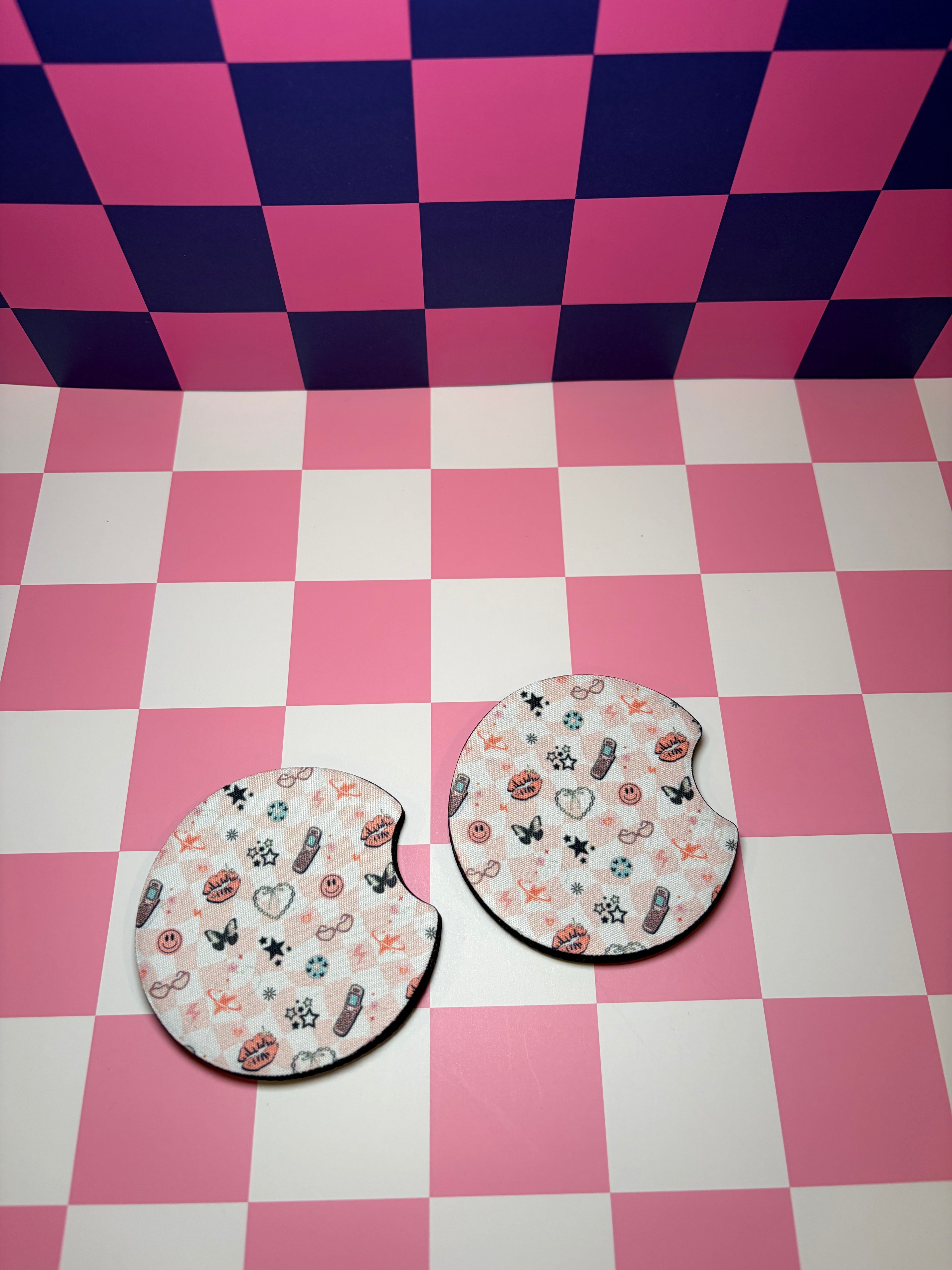 Y2K Checkered Pink Car Coaster (Pack of 2)