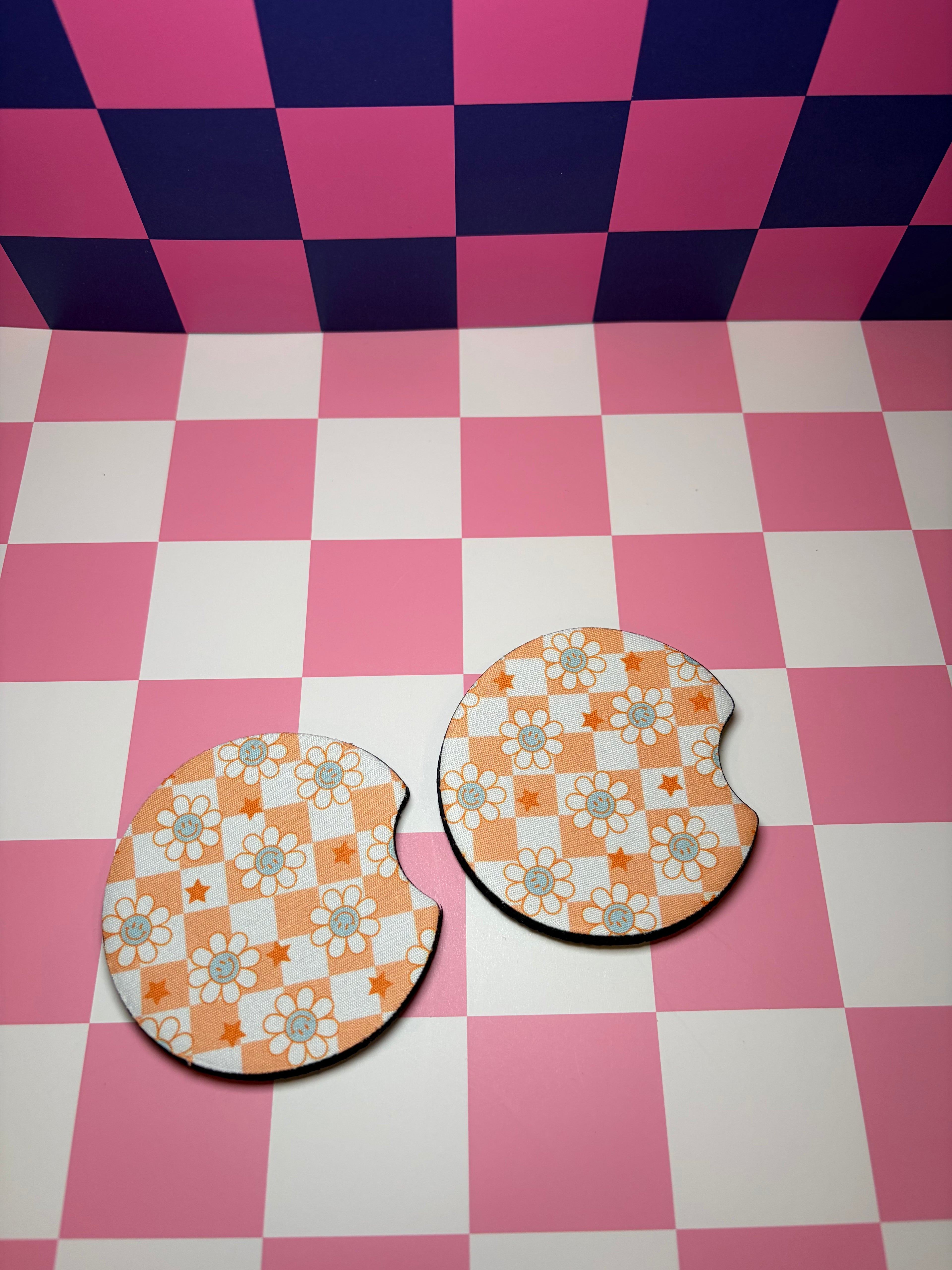 Groovy Checkered & Flowers Car Coaster (Pack of 2)