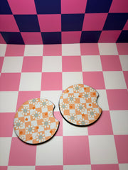 Groovy Checkered & Flowers - Car Coaster (Pack of 2)