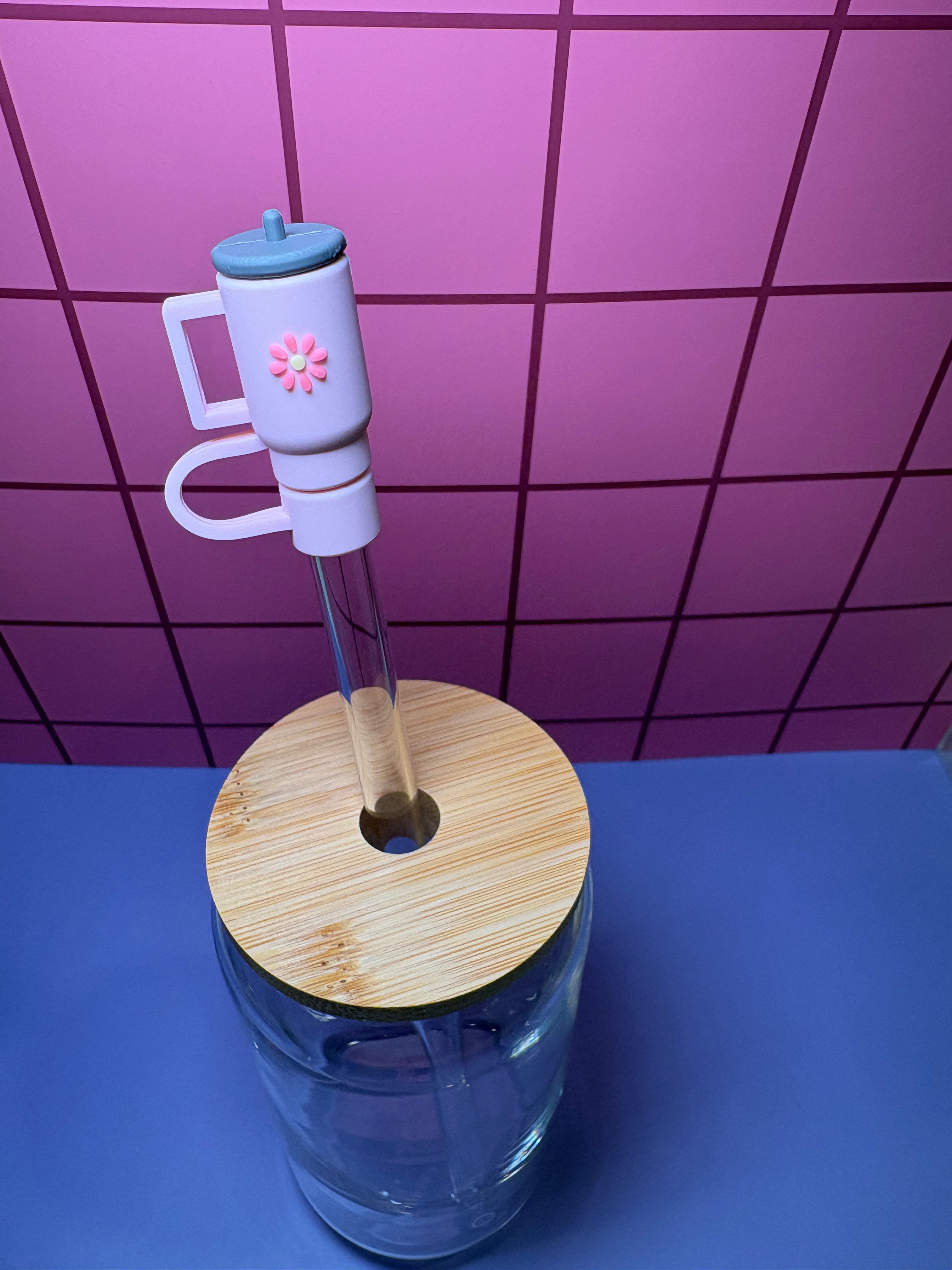 Pink Tumbler with Flower 3D Straw Topper