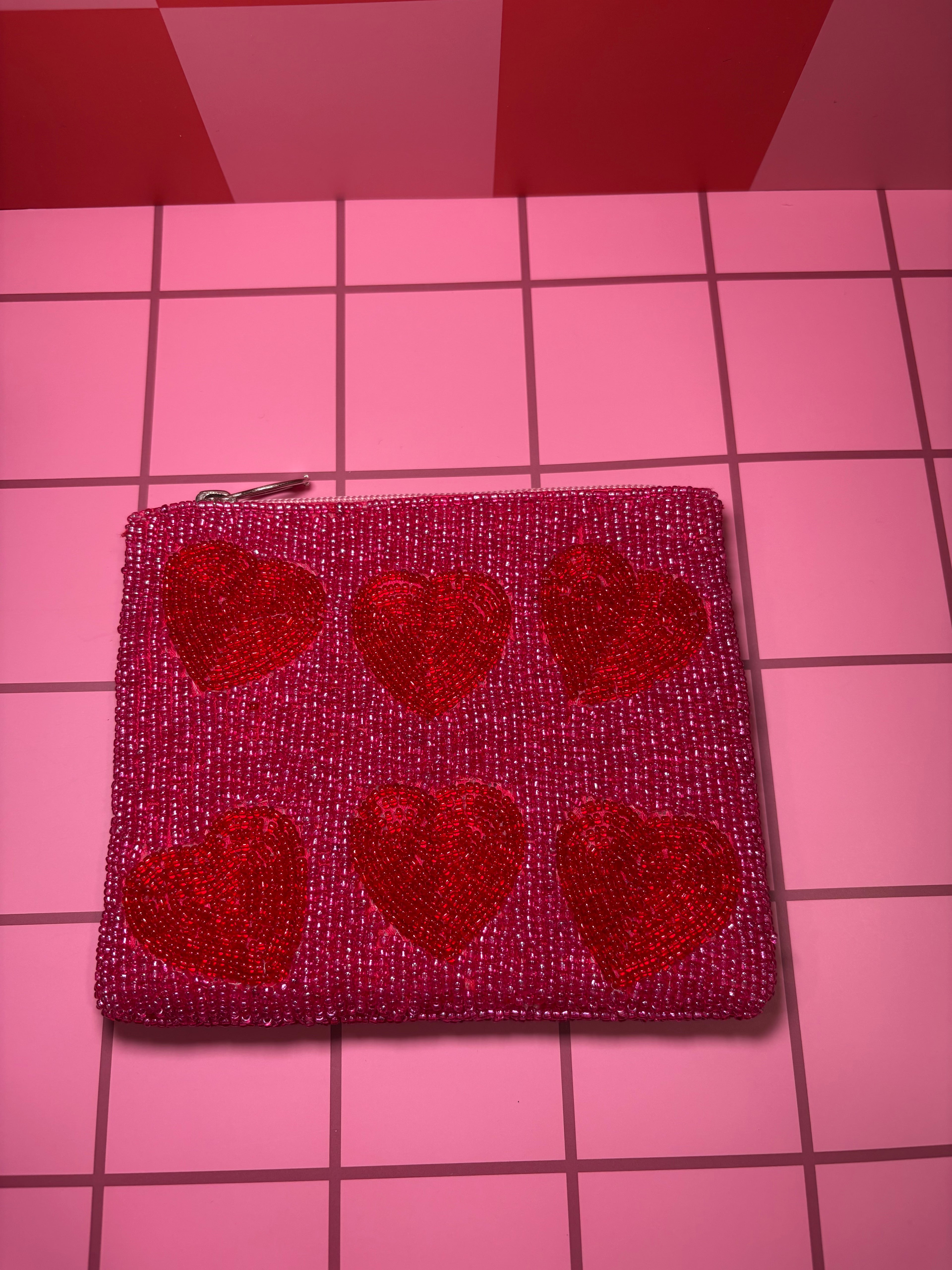 XL Pink with Hearts Beaded Pouch