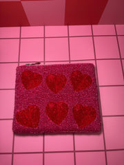 XL Pink with Hearts - Beaded Pouch