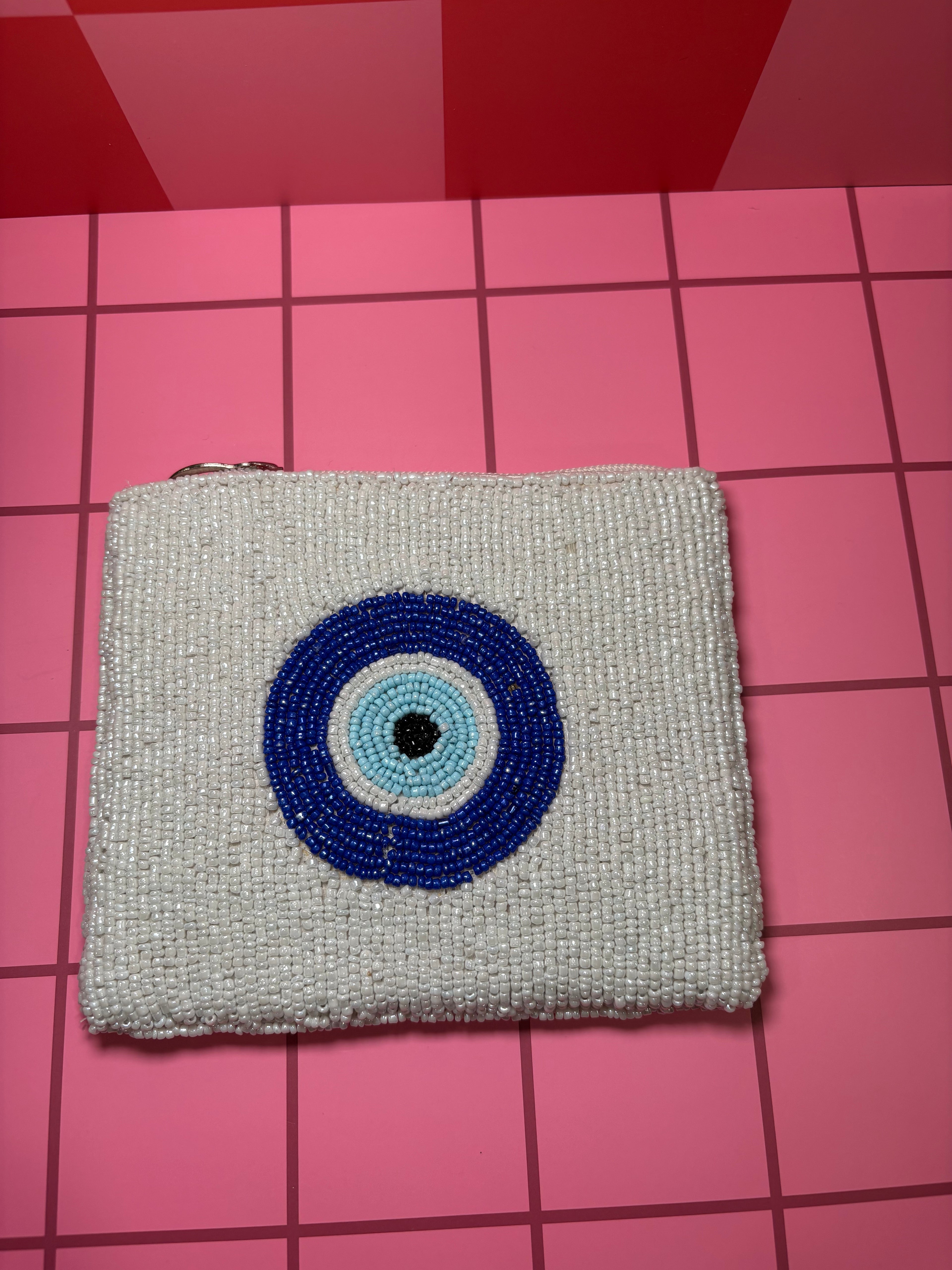 XL White Evil Eye Beaded Pouch