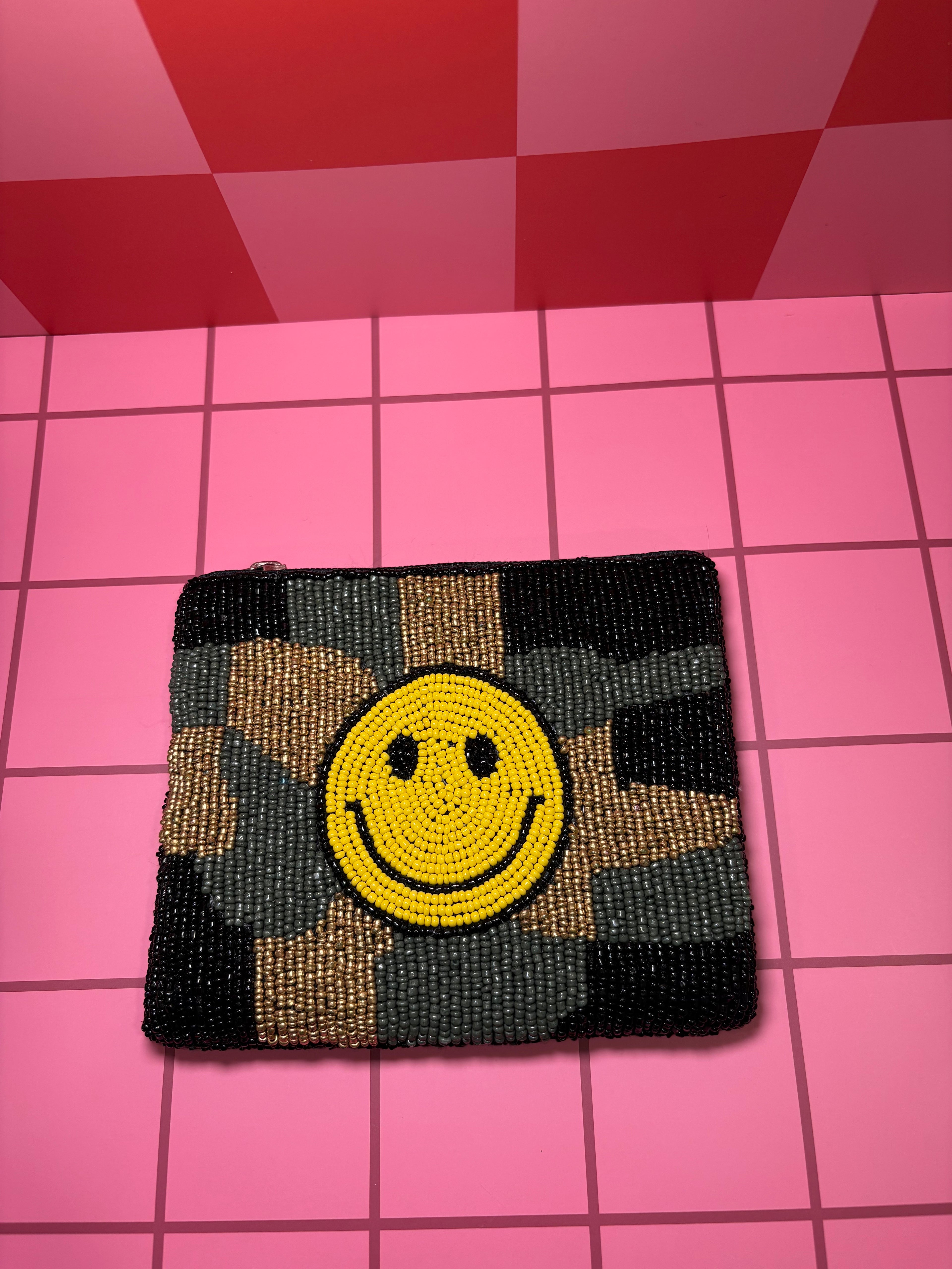 XL Smiley Face with Camo Beaded Pouch in red