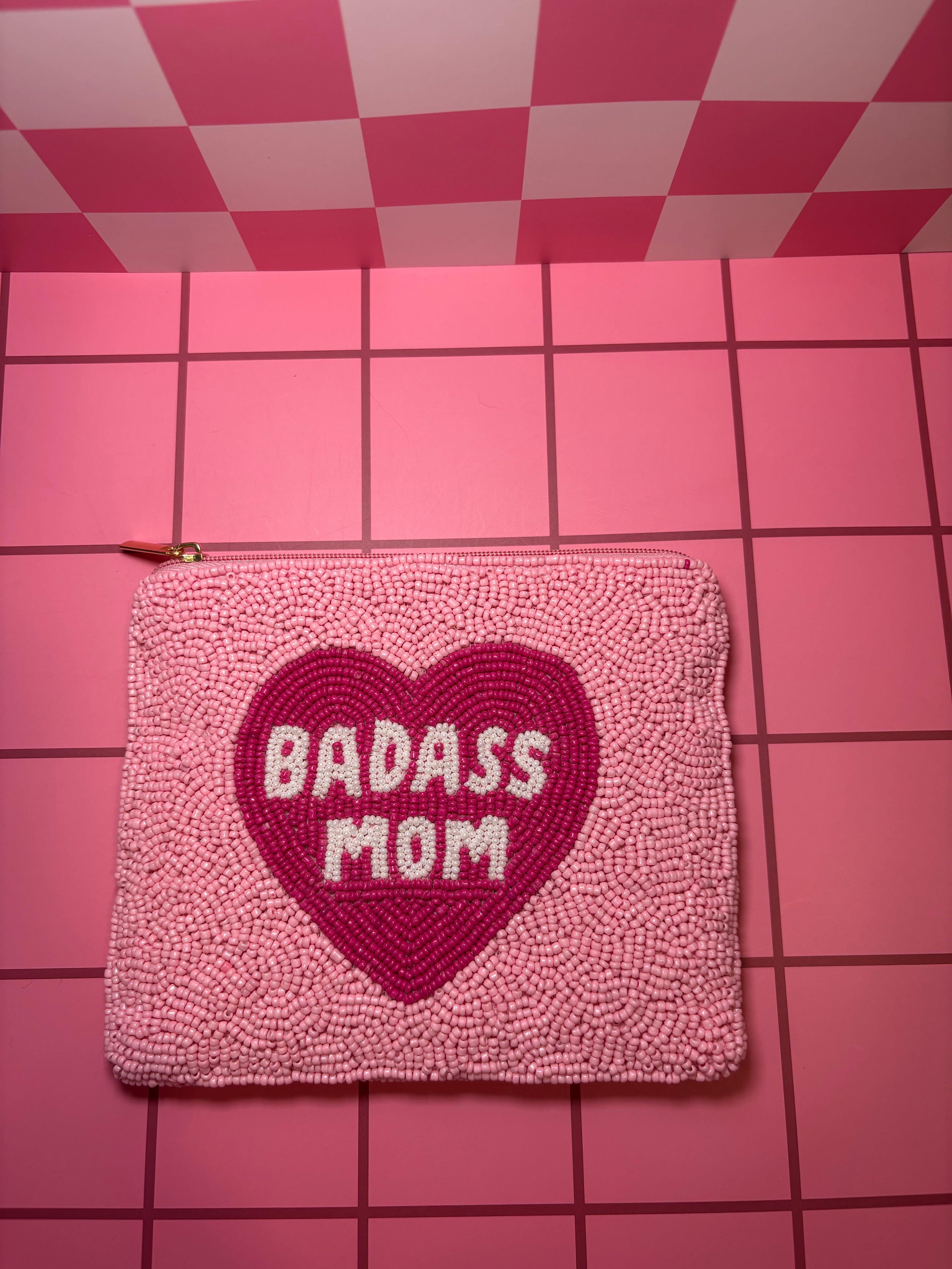 XL Badass Mom Beaded Pouch in red