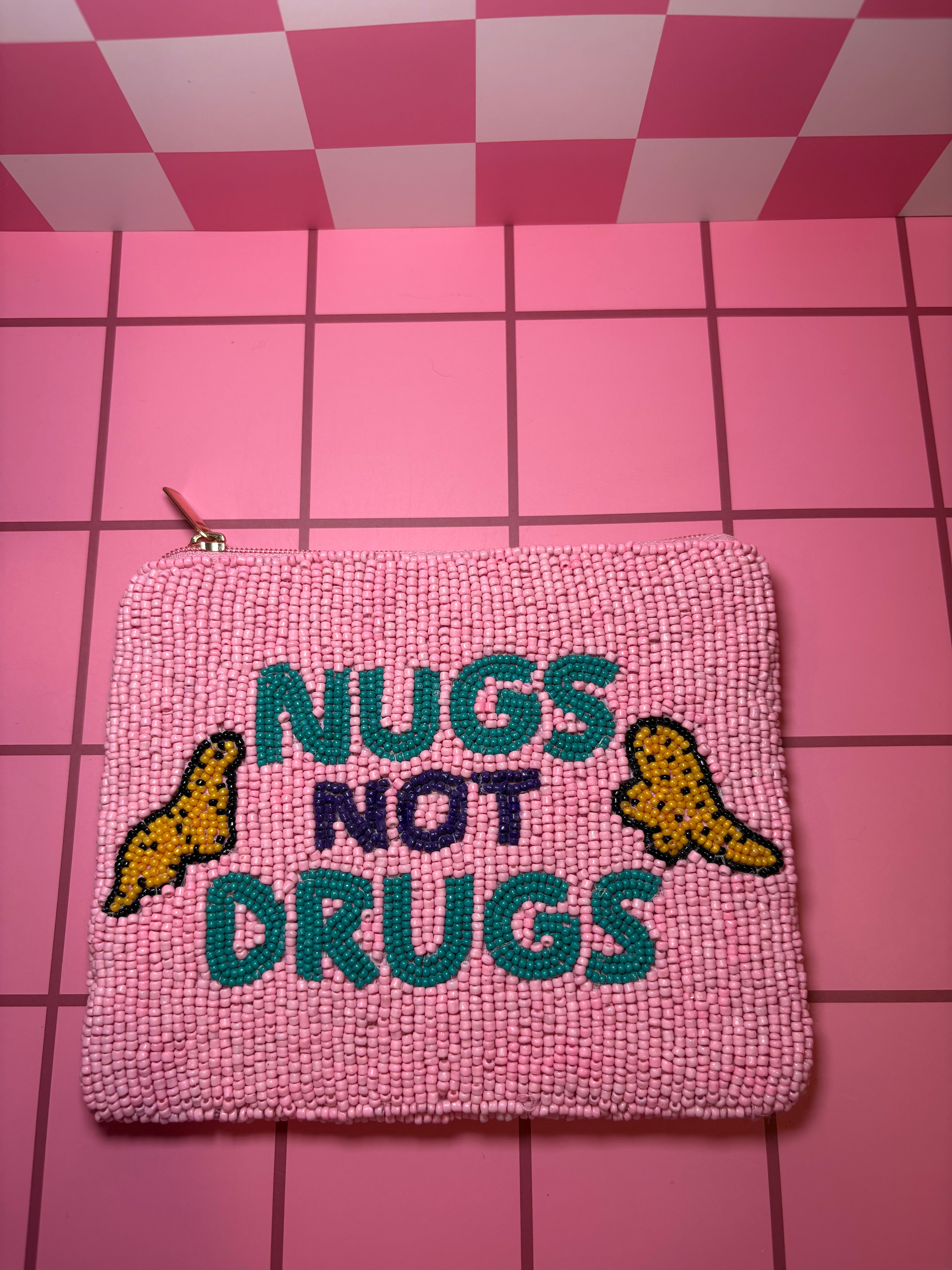 XL Nugs not Drugs Beaded Pouch in red