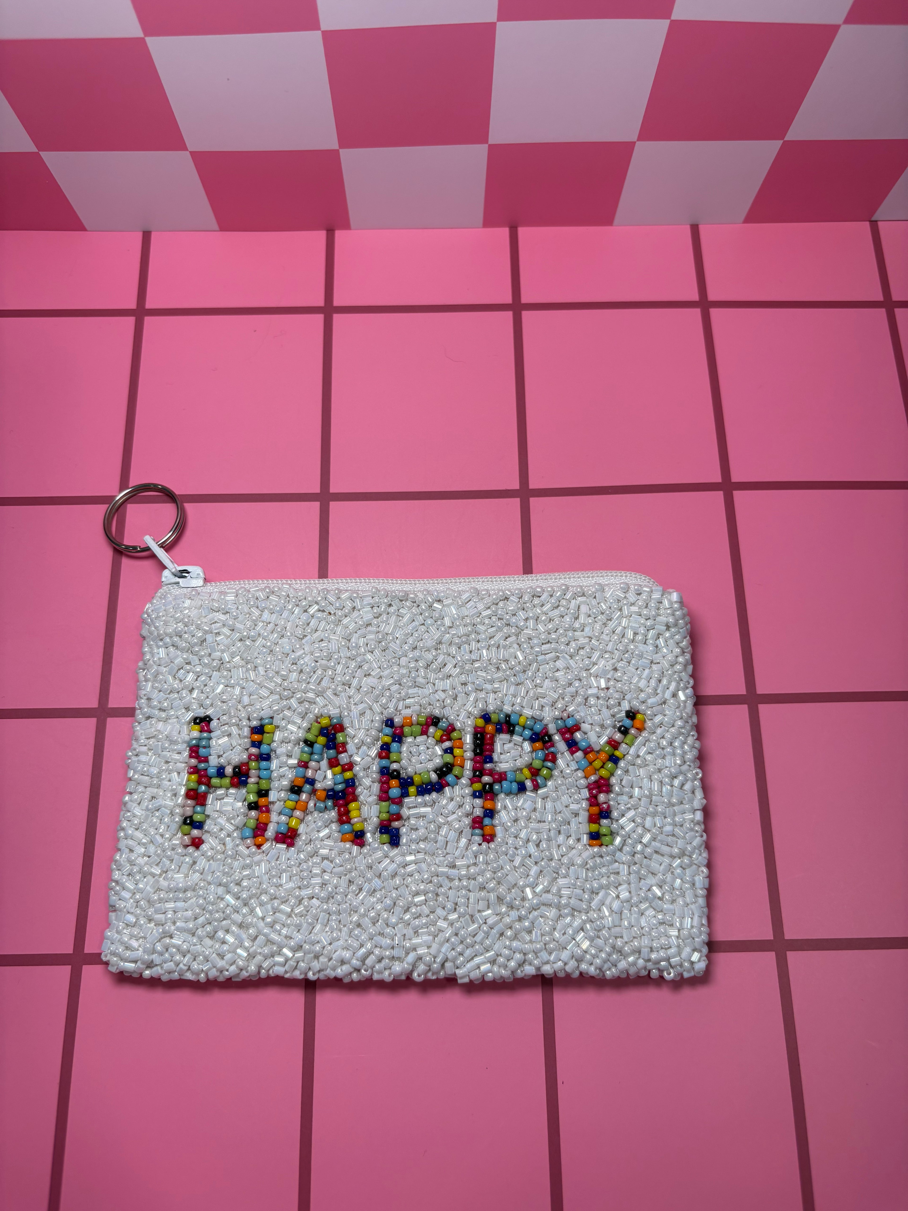 Happy- Beaded Pouch in red