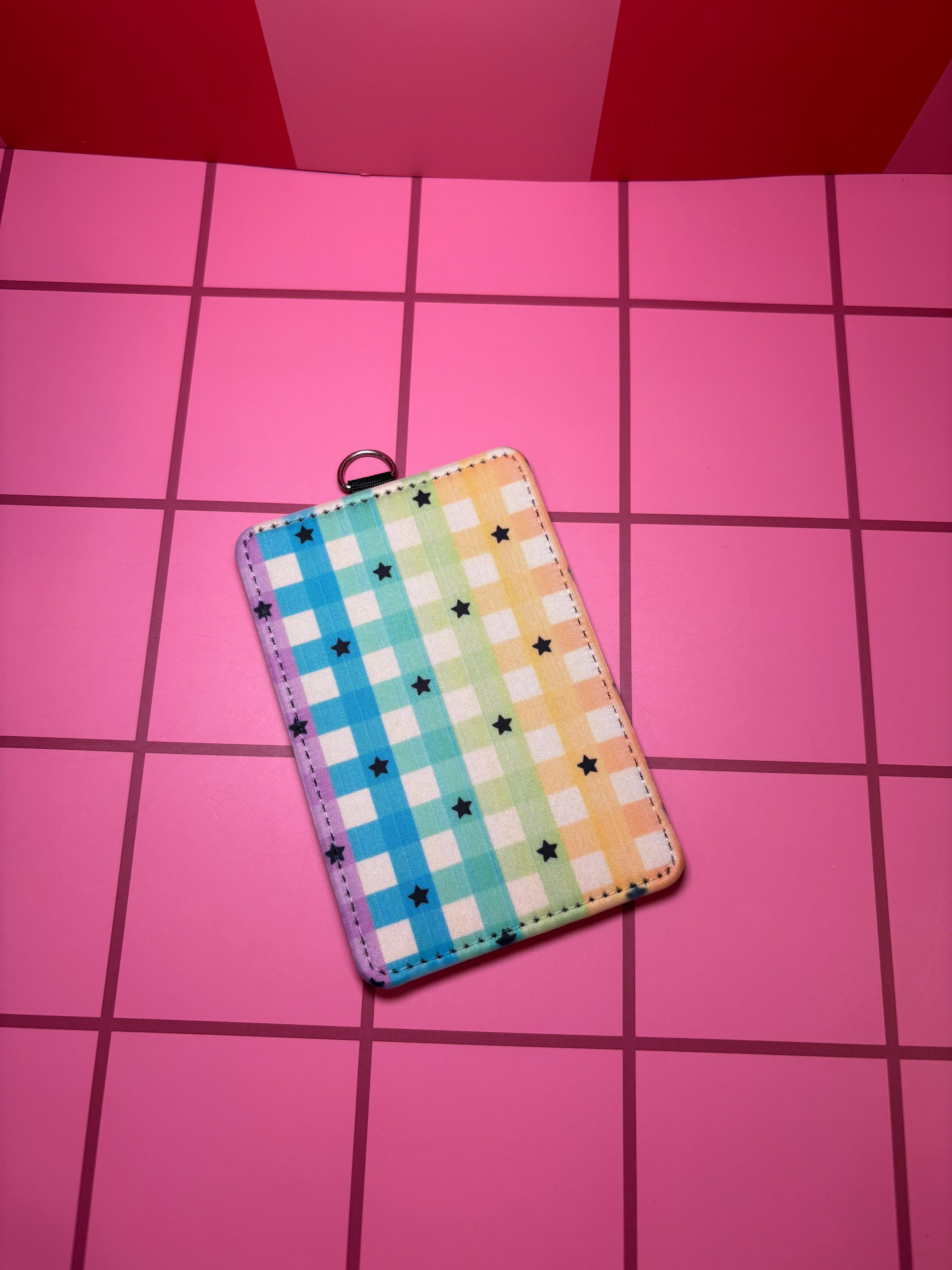 Rainbow checkered with stars - ID Badge Holder with Lanyard