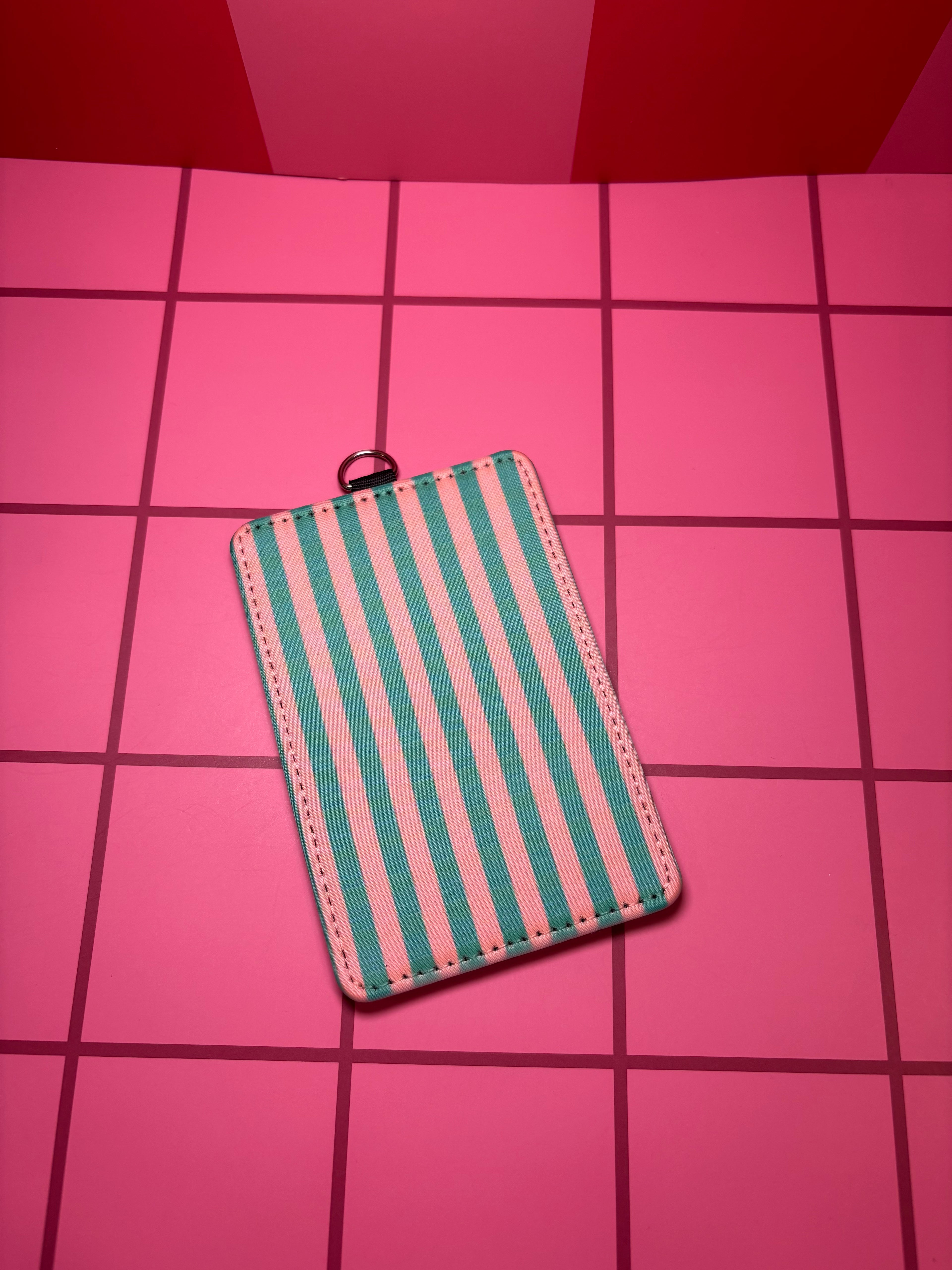 Green and Pink Stripes- ID Badge Holder with Lanyard