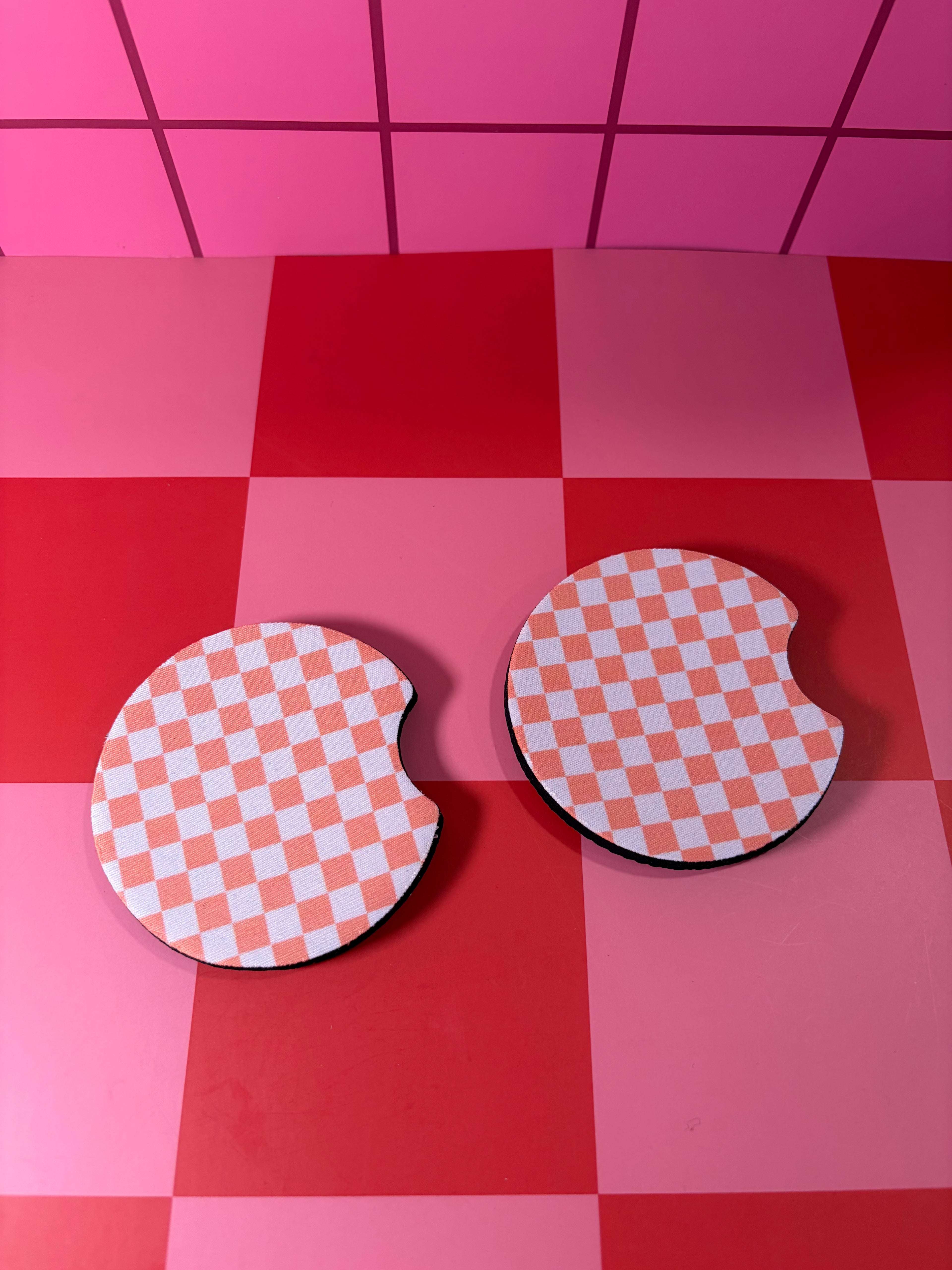 Pink and White Checkered - Car Coaster (Pack of 2)