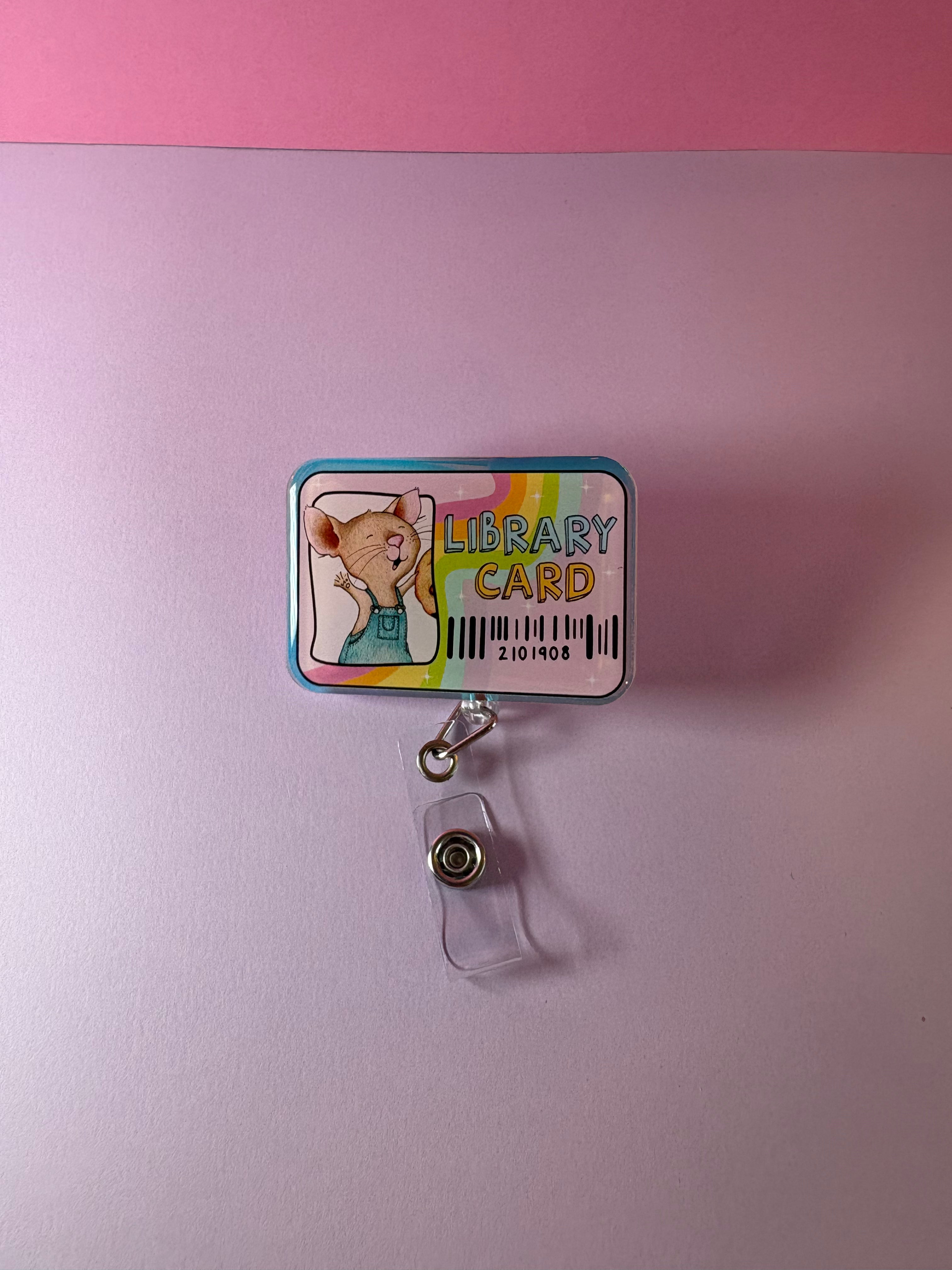 Library card badge reel with If You Give a Mouse a cookie character 