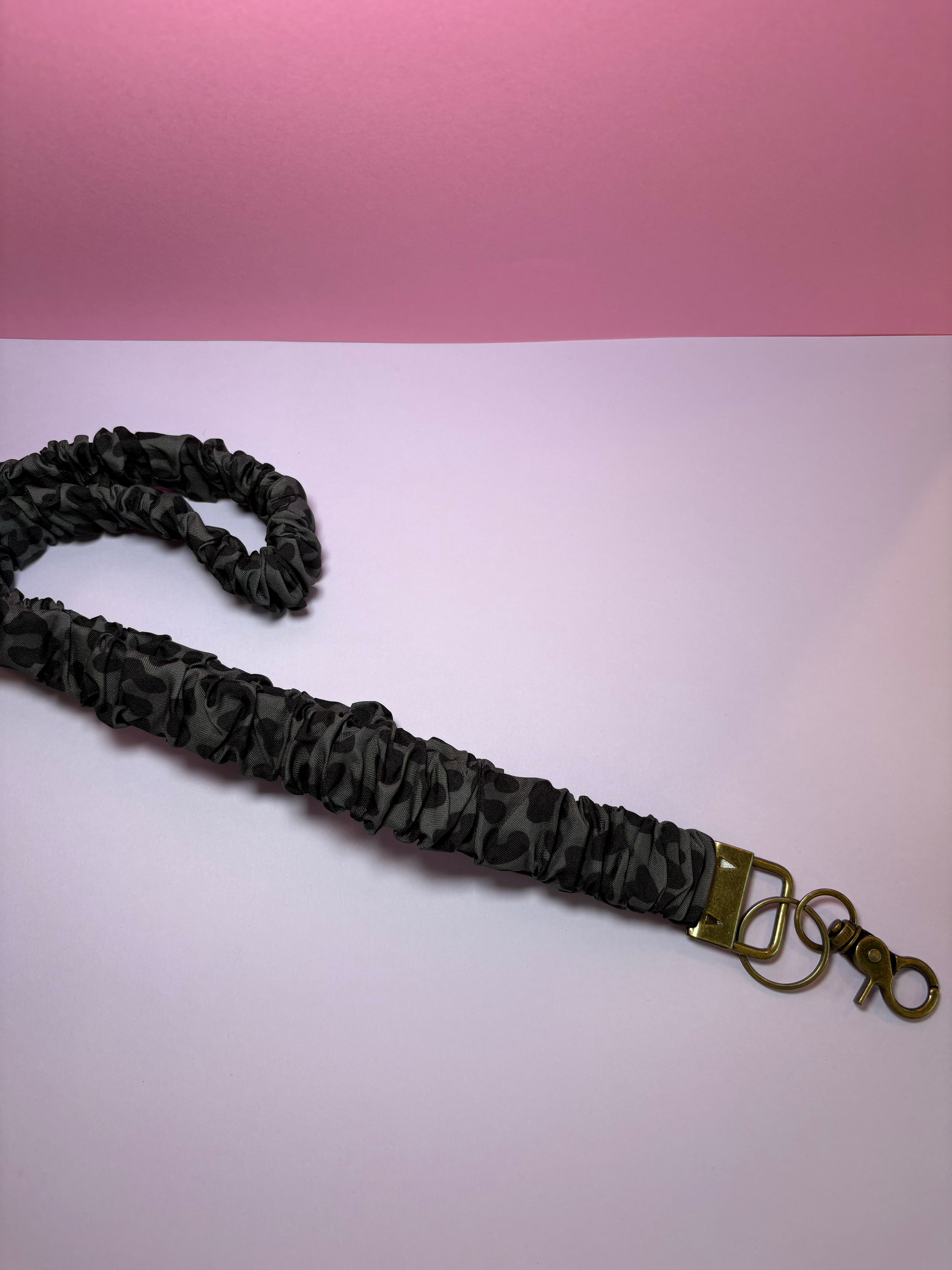 Black and gray leopard scrunchie lanyard