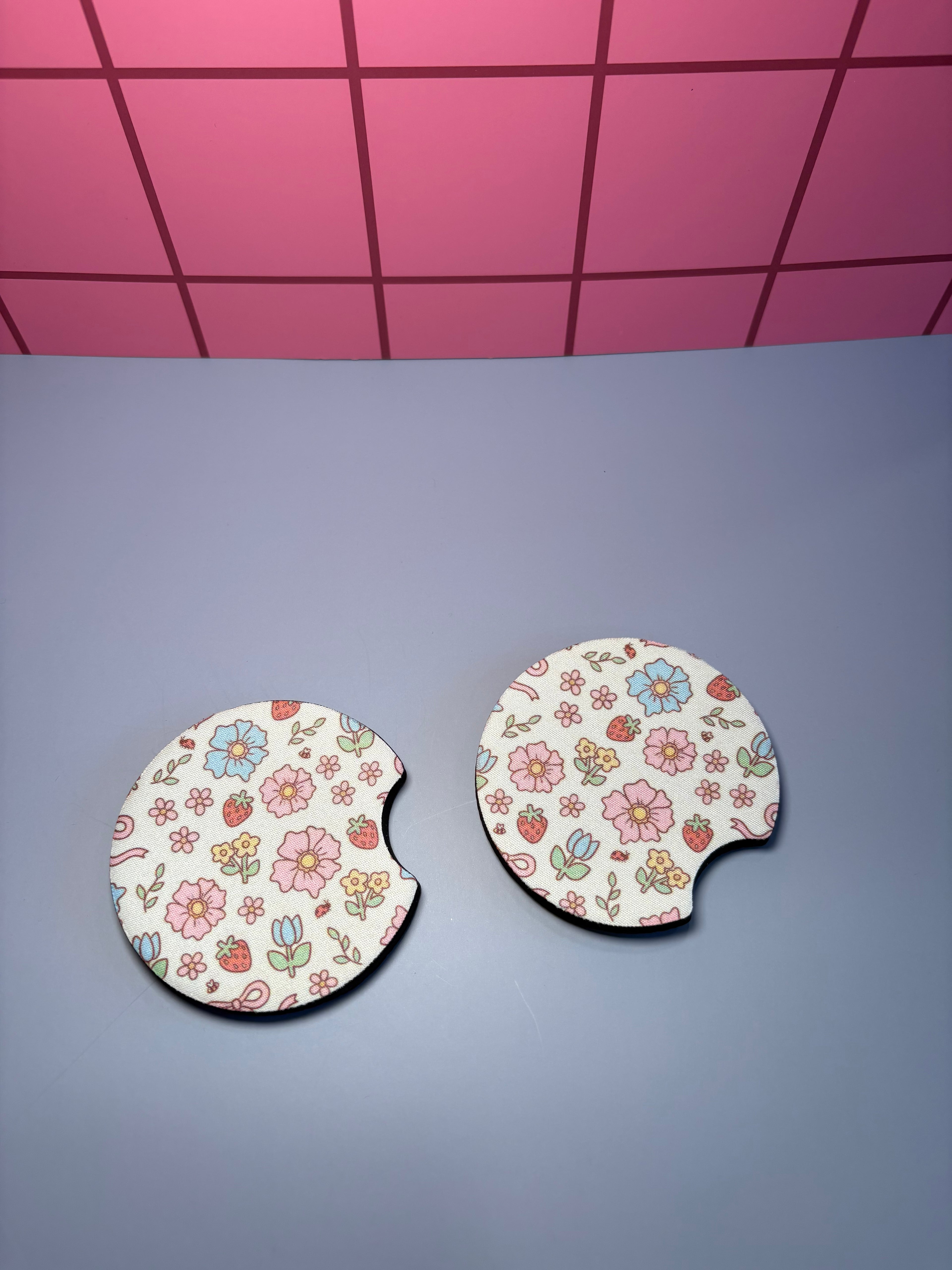 Spring Flowers, Bows and Strawberries - Car Coaster (Pack of 2)