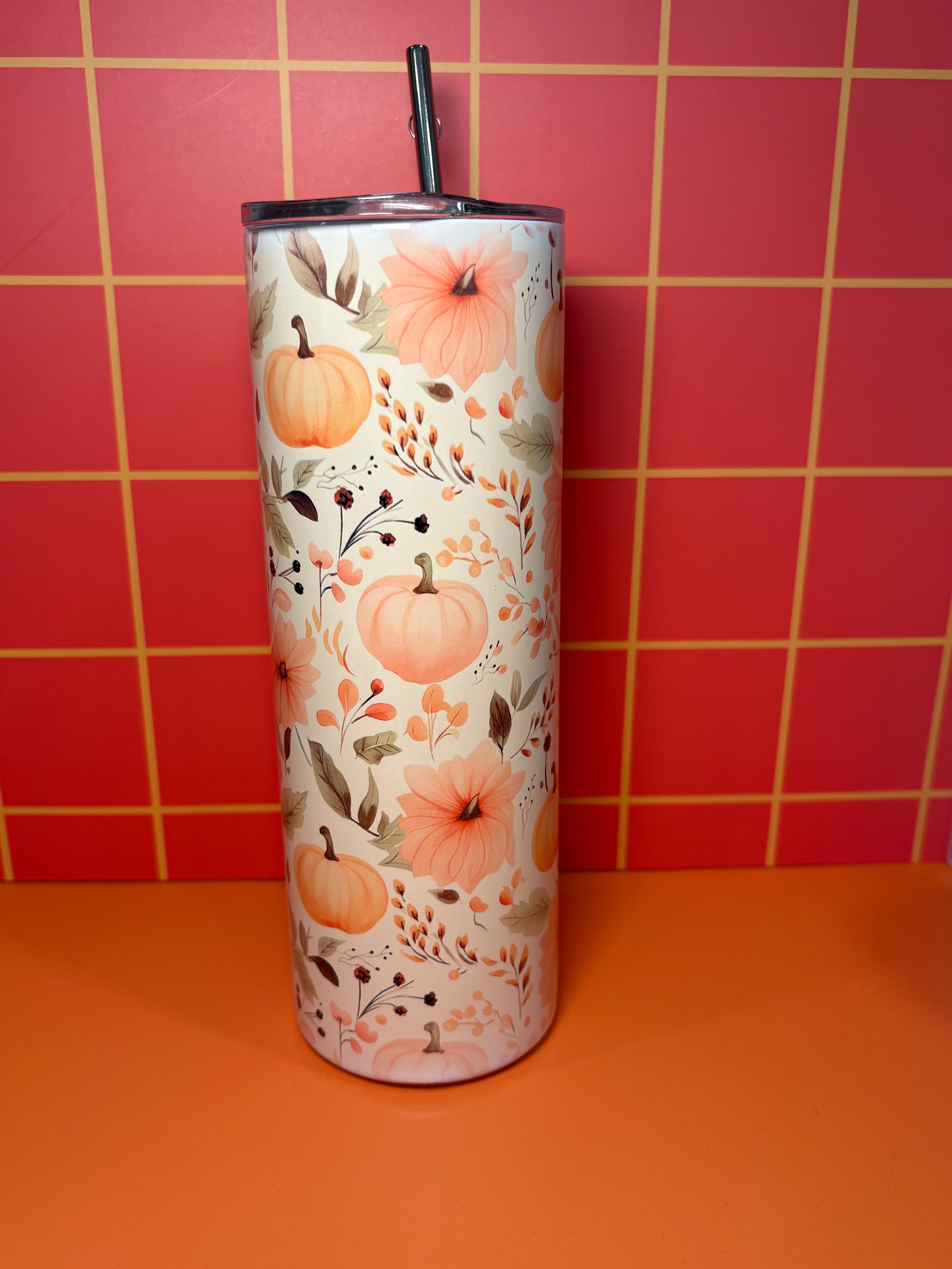 Pumpkins and Flowers - 20 Oz Metal Tumbler