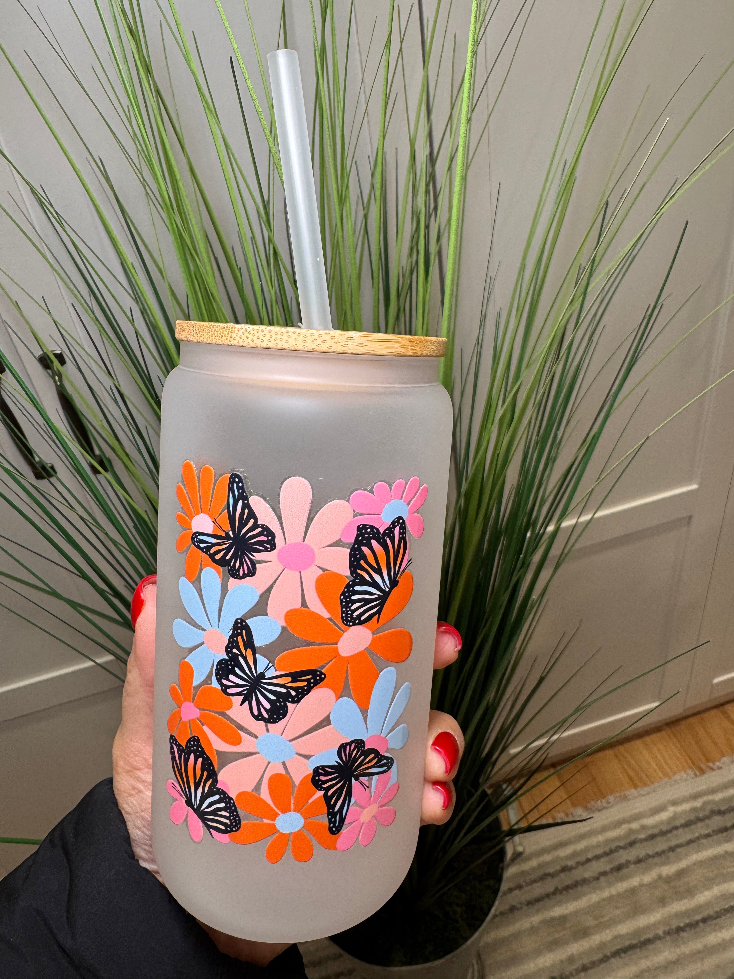 Butterflies & Flowers - 16 Oz Glass Can – Hand wash only