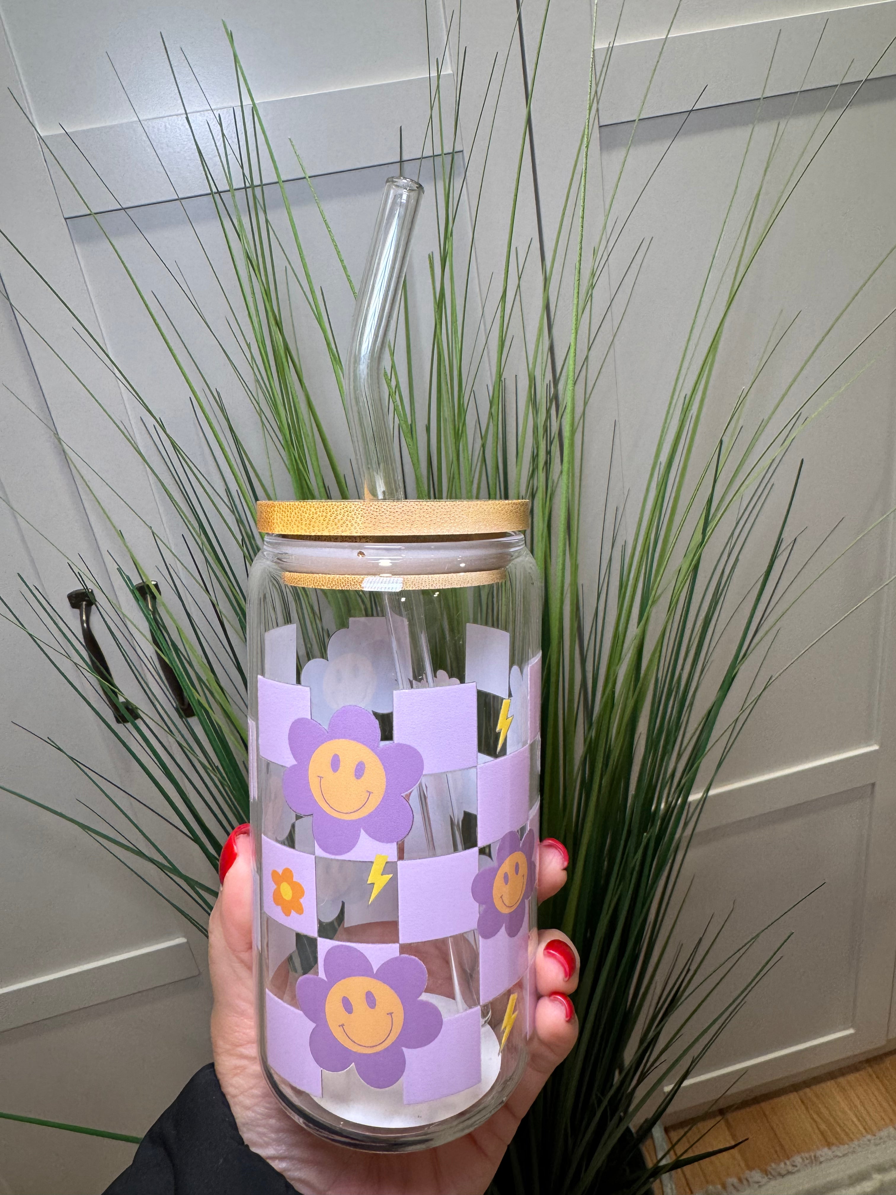 Groovy Purple Flowers- 16 Oz Glass Can – Hand wash only