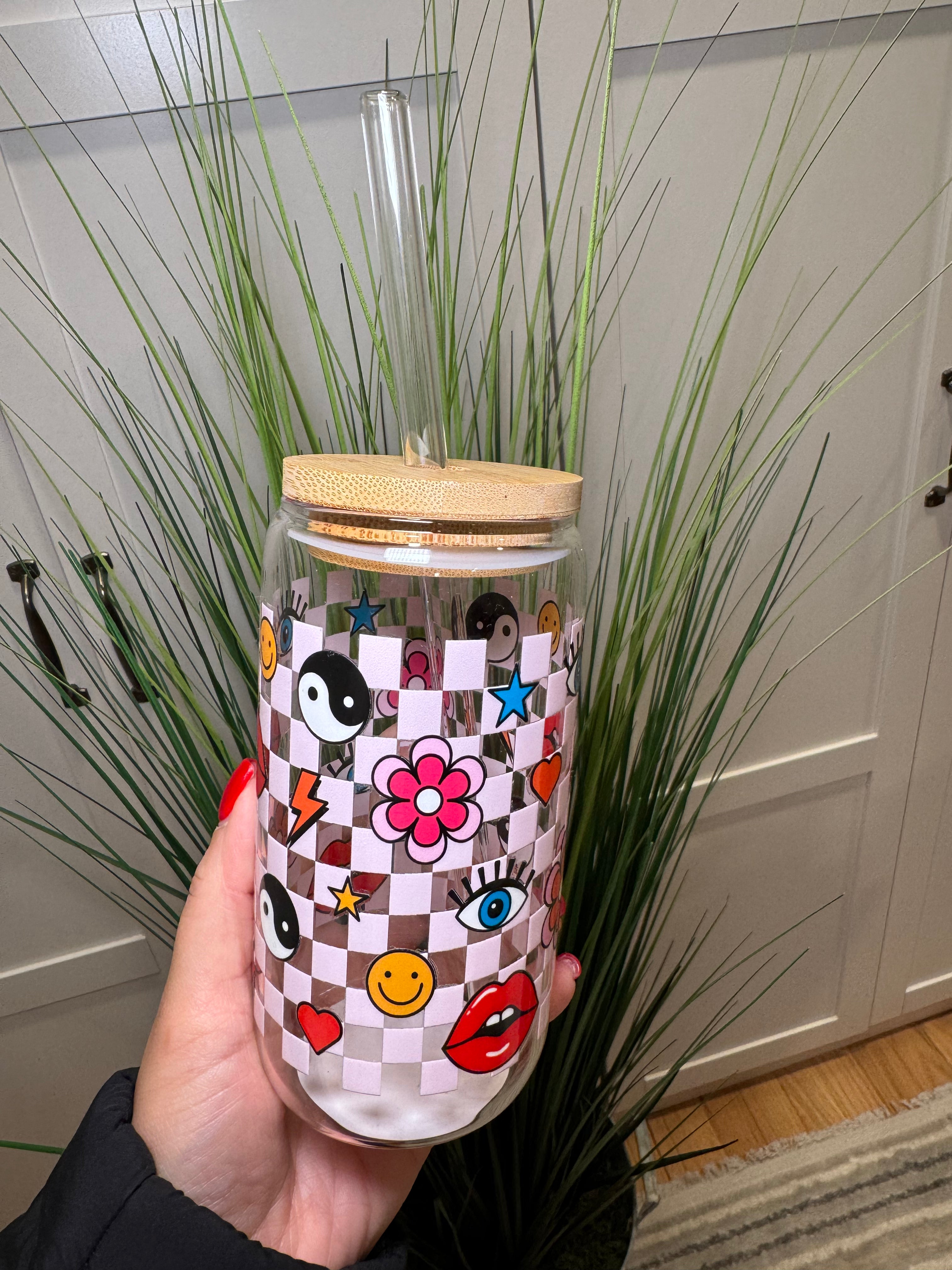 Funky Checkered - 16 Oz Glass Can – Hand wash only