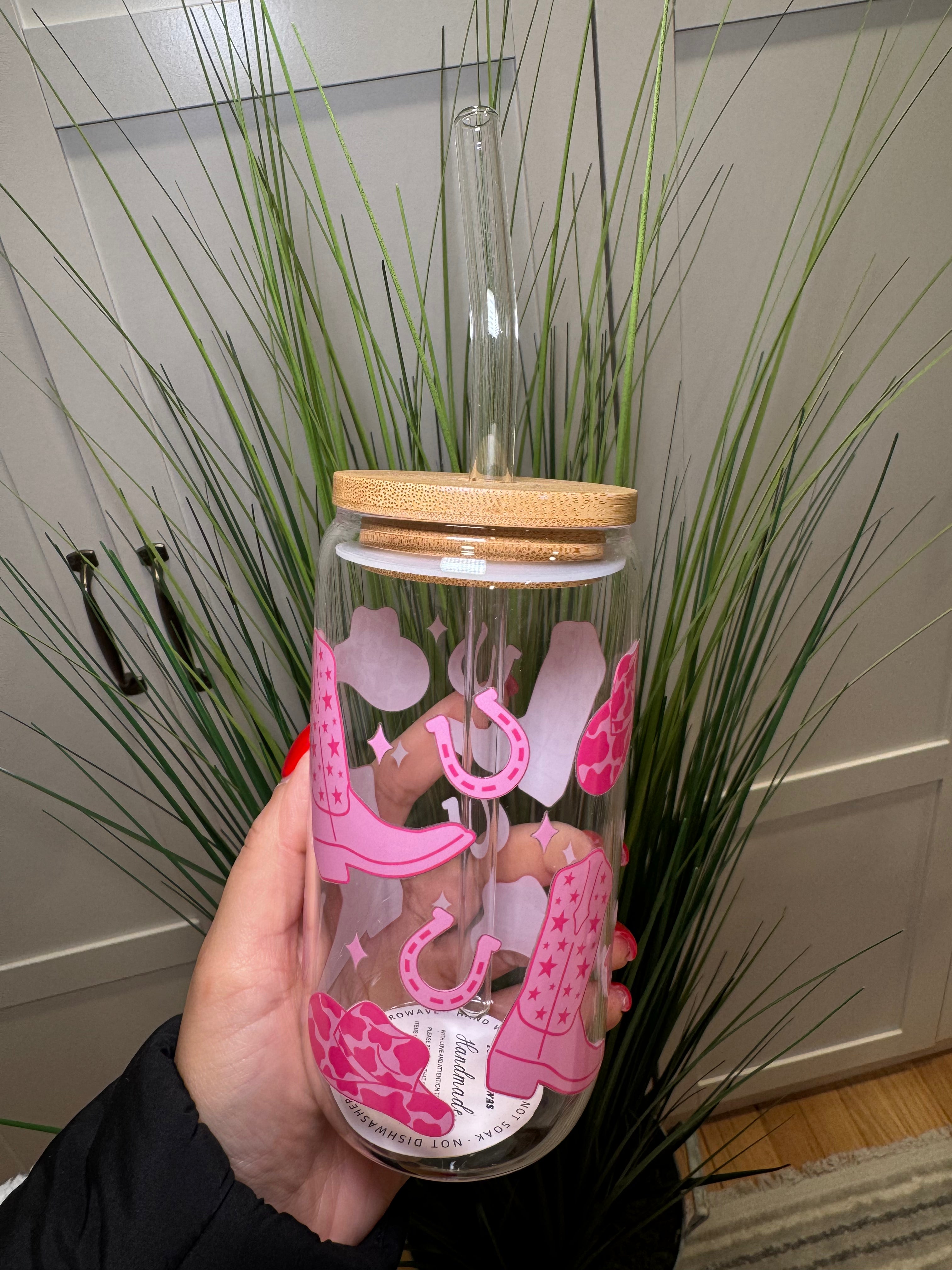 Pink Cowgirl - 16 Oz Glass Can – Hand wash only