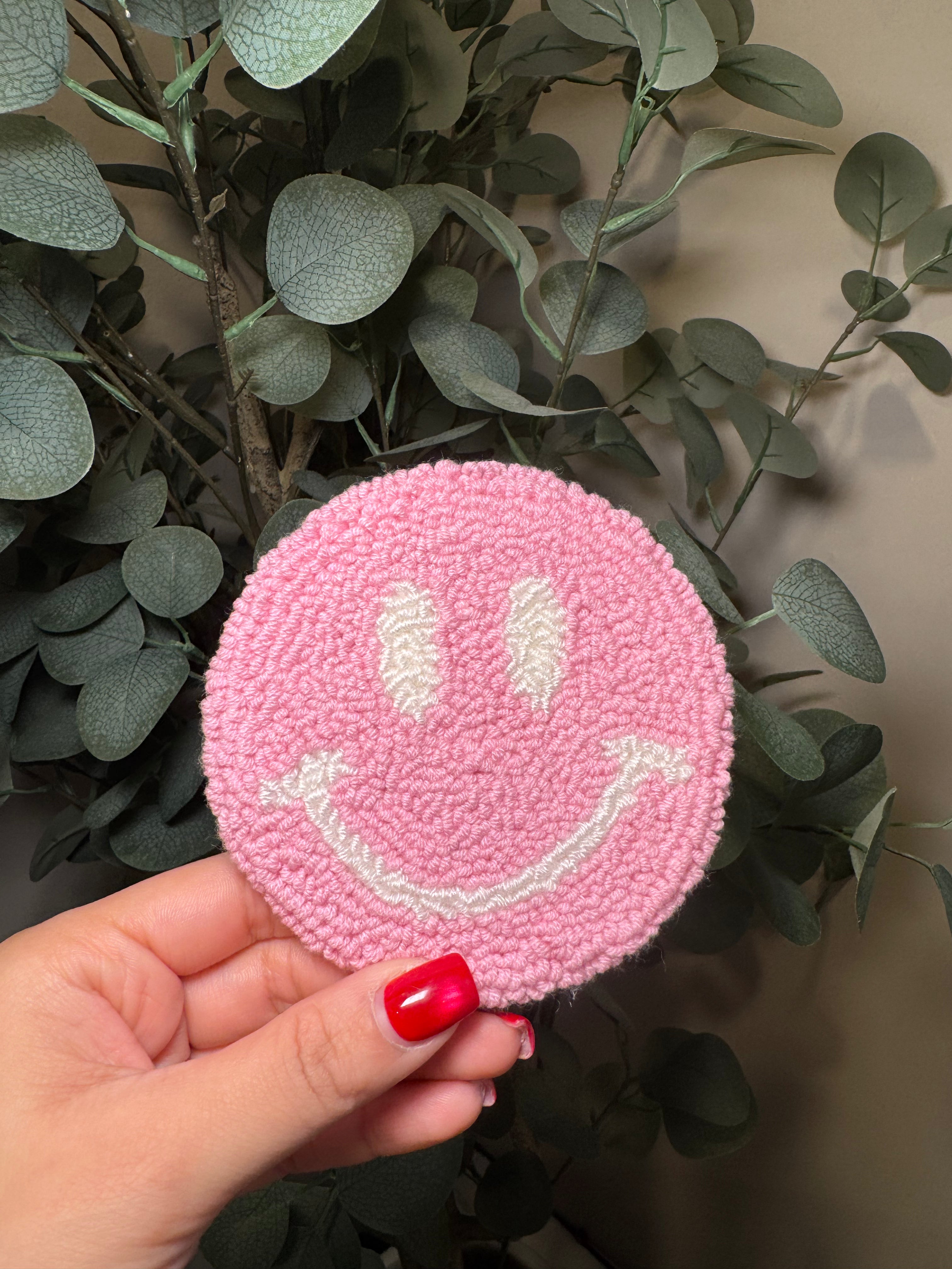 Pink Smiley - Rug Drink Coaster – Spot cleaning recommended