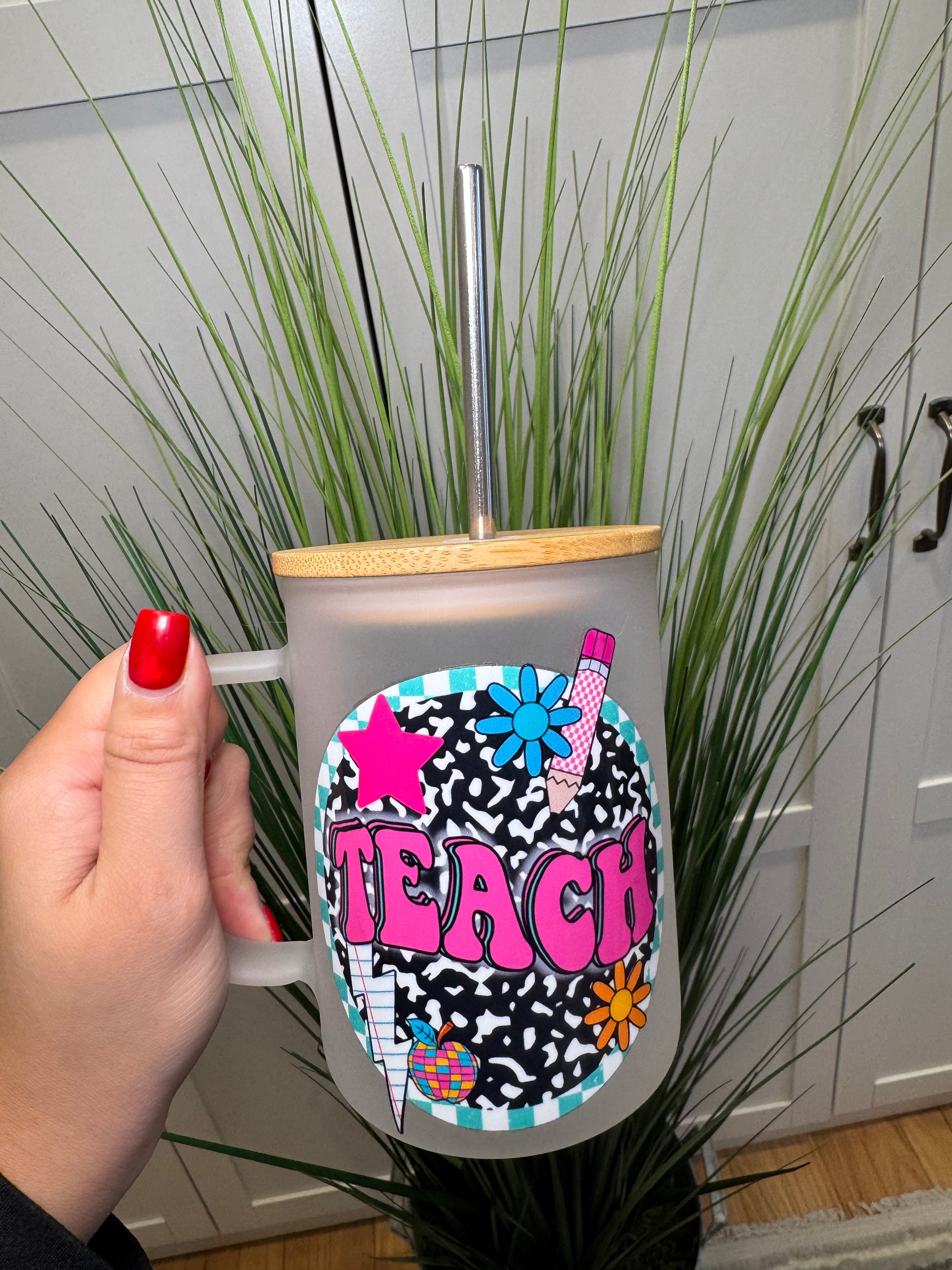 Teach - Glass Mug with Lid – Glass mug with wooden lid and metal straw