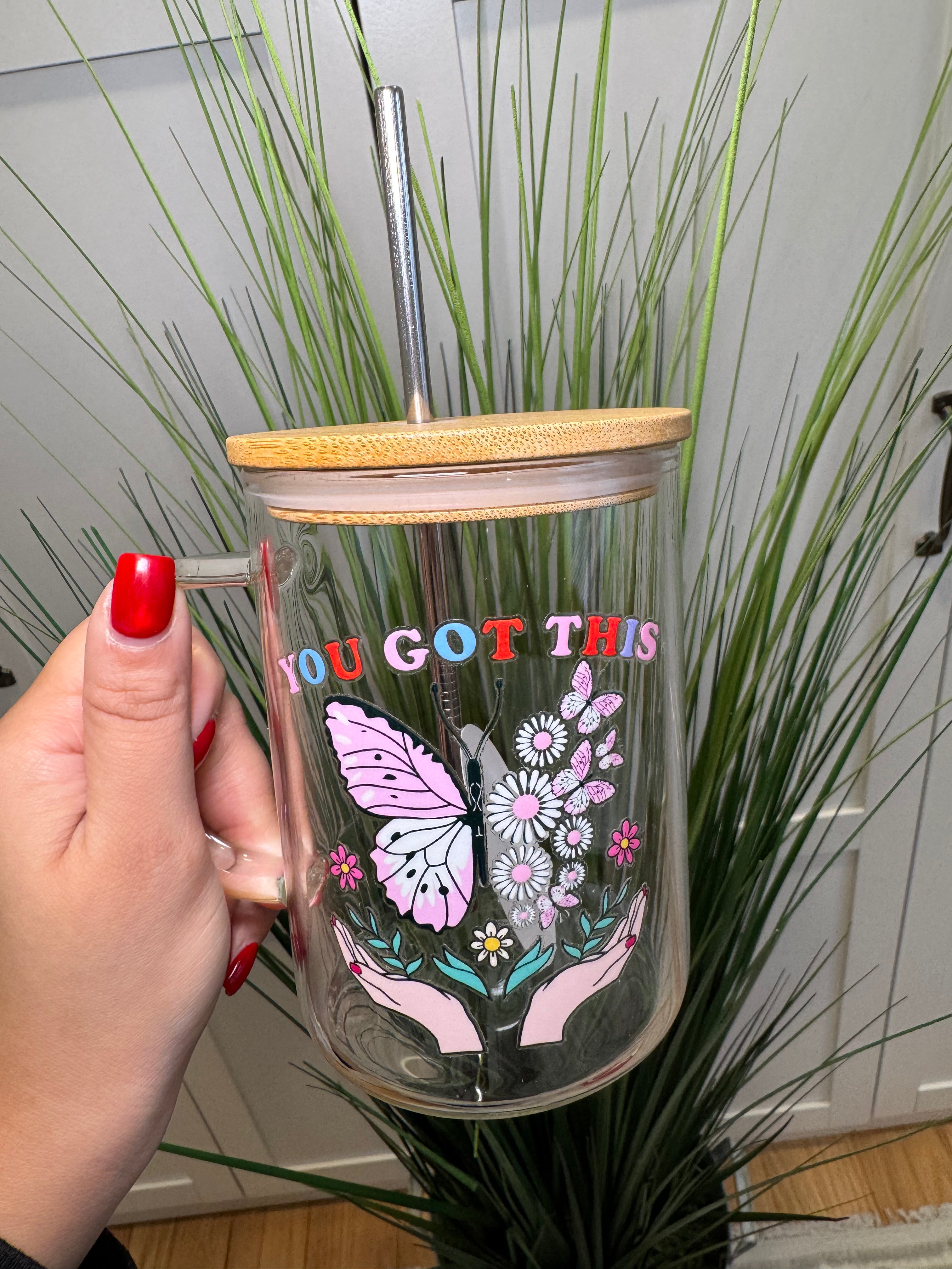 You Got This - Glass Mug with Lid – Glass mug with wooden lid and metal straw