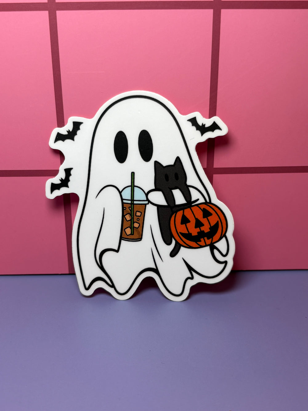 Ghost with coffee & cat - Sticker