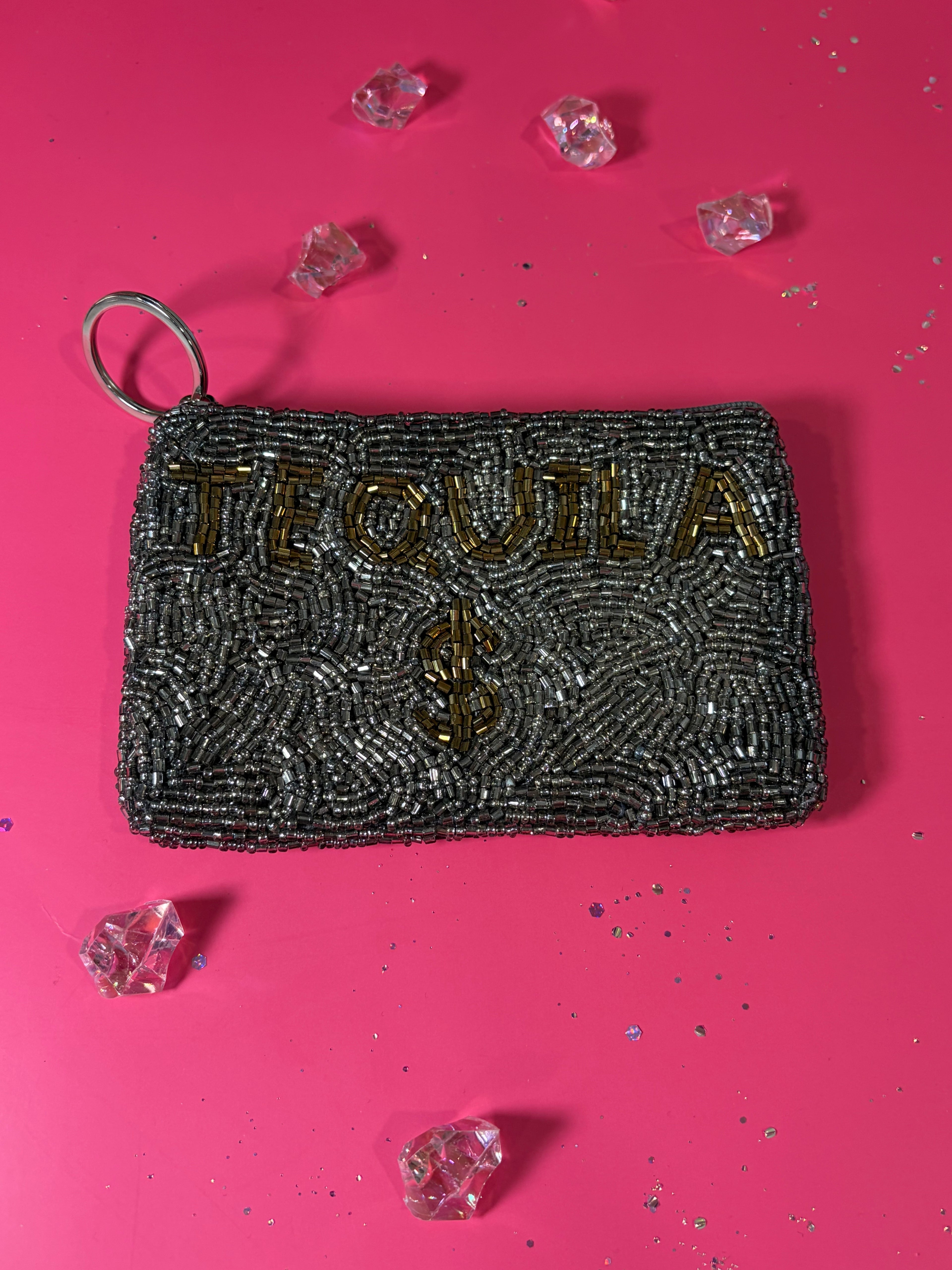 "Tequila $" grey and gold beaded pouch