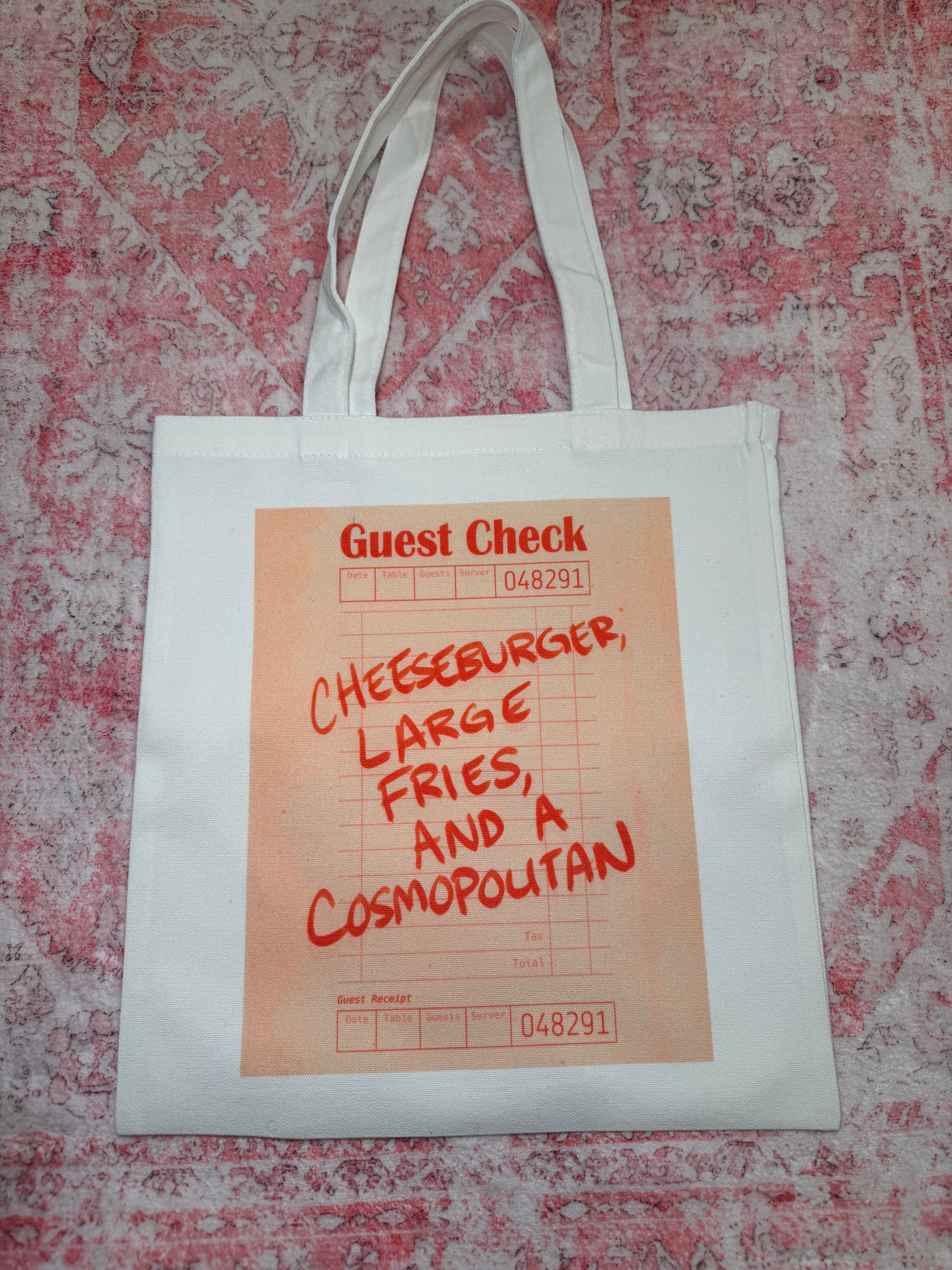 Cheeseburger, Large Fries, and a Cosmopolitan - Small Tote – Cheeseburger, Large Fries, and a Cosmopolitan - Small white tote