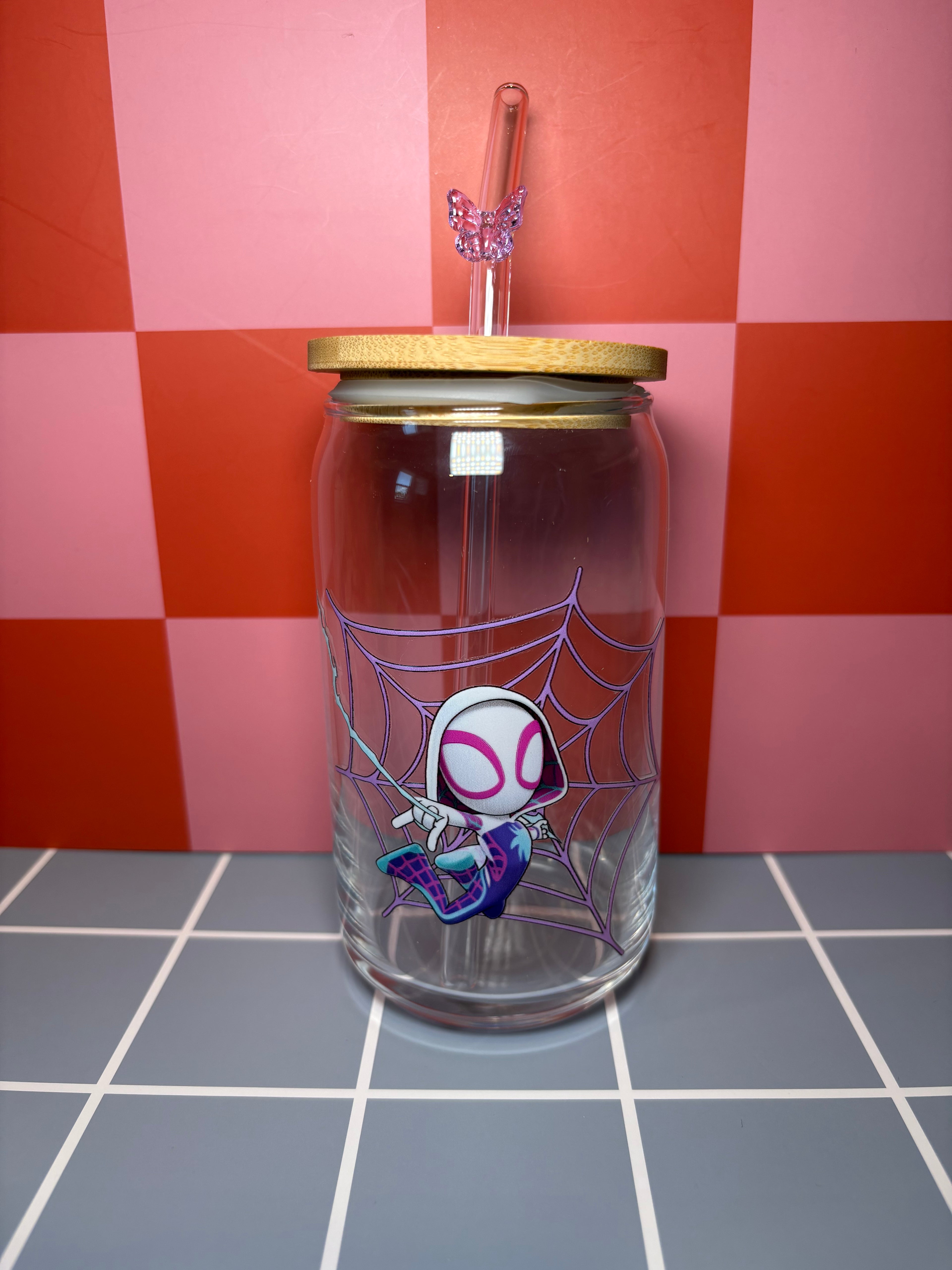 Gwen Stacy Spiderwoman glass can with straw