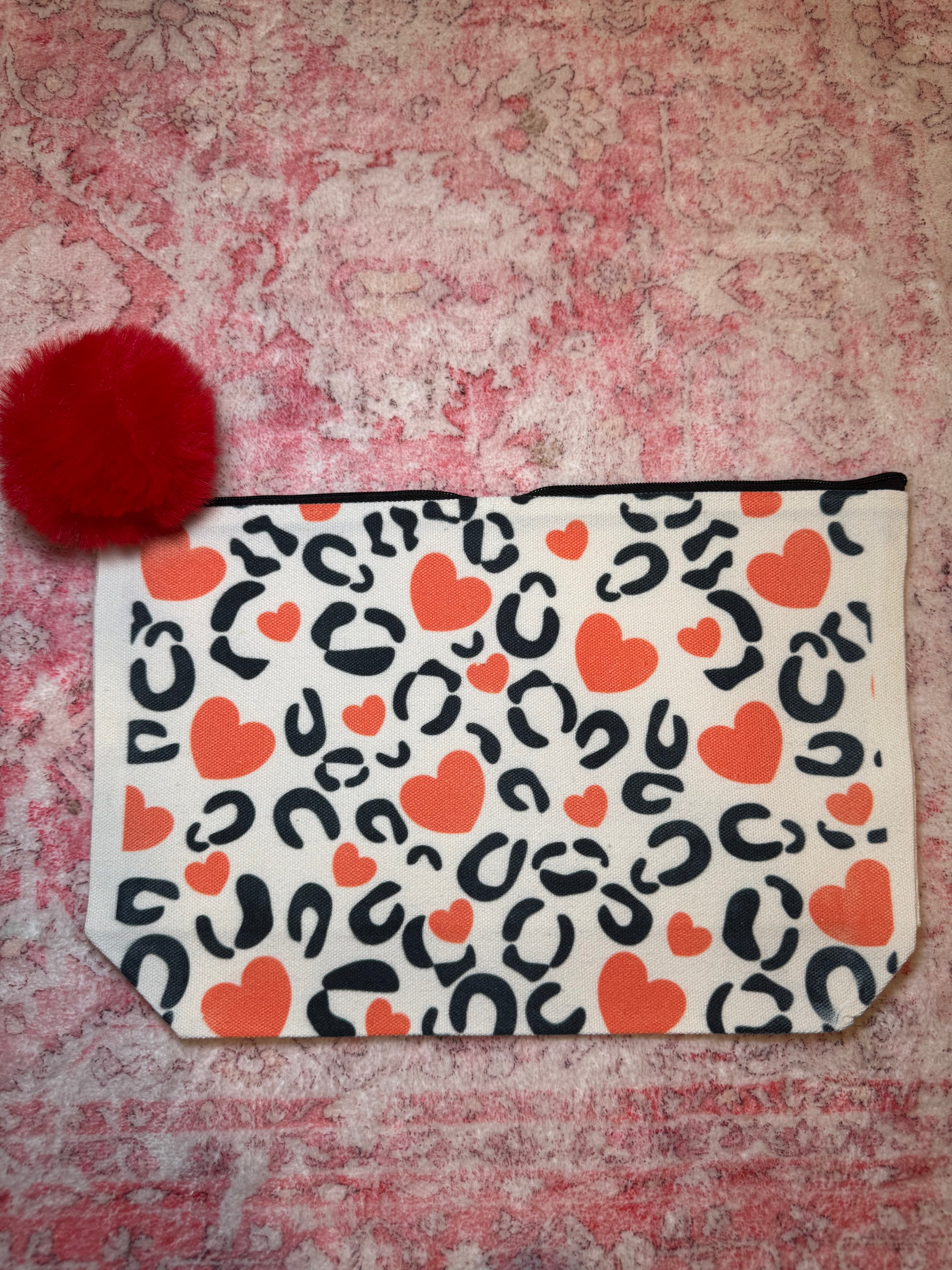 Hearts and Cheetah - Large Canvas Pouch