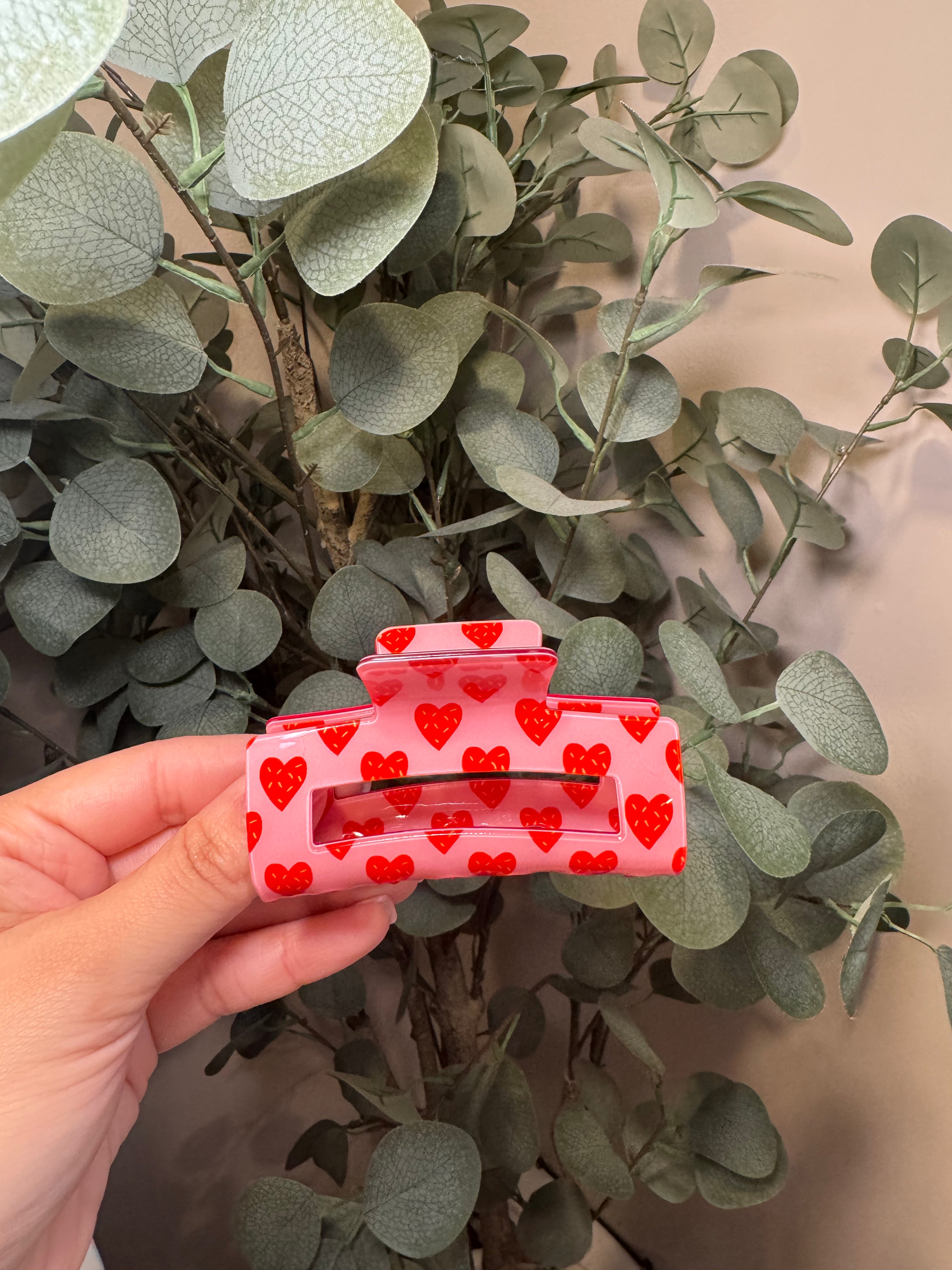 Valentines Pink with Red Hearts -Small Claw Clip