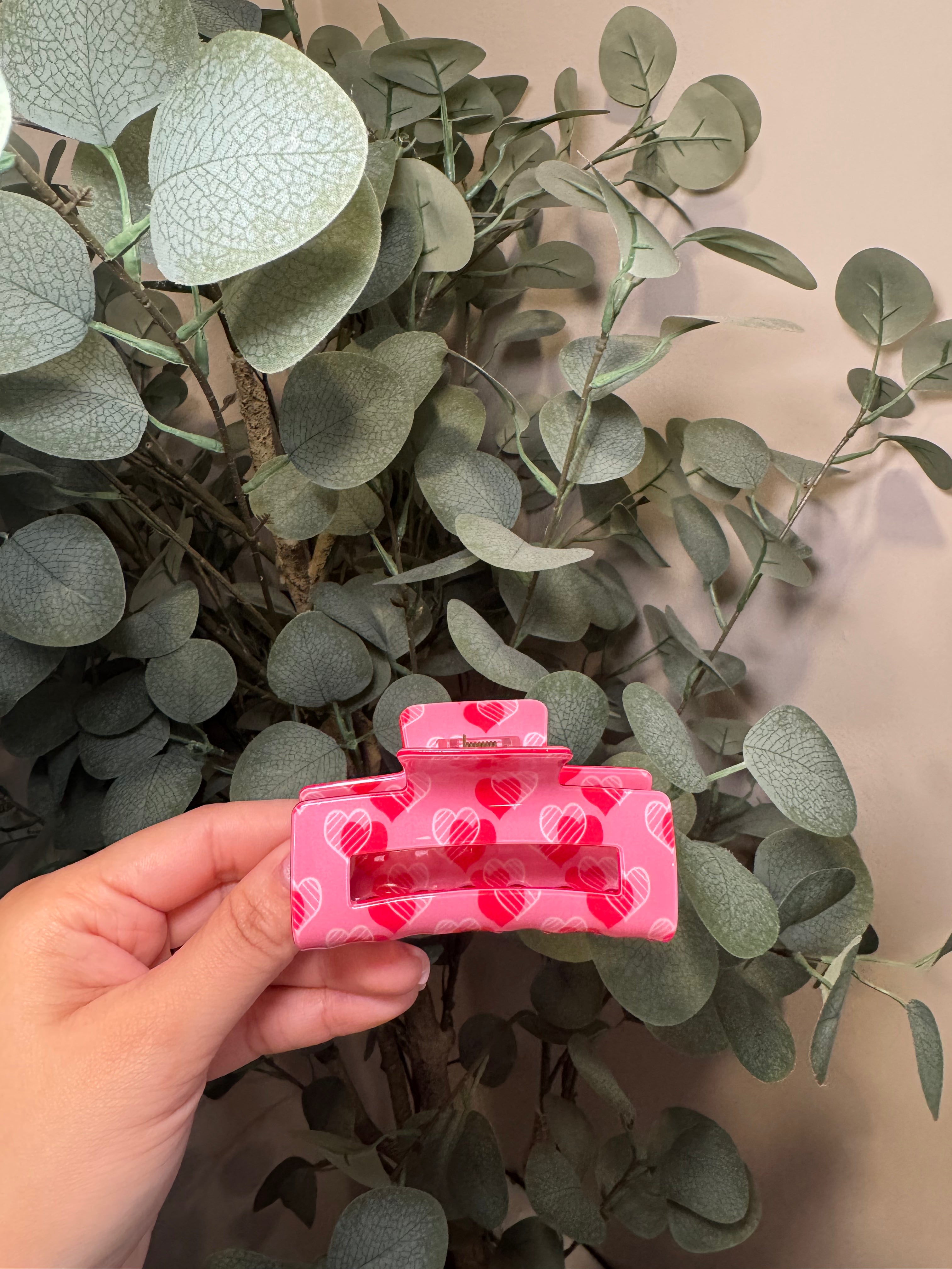 Valentines Pink with Red and White Hearts -Small Claw Clip