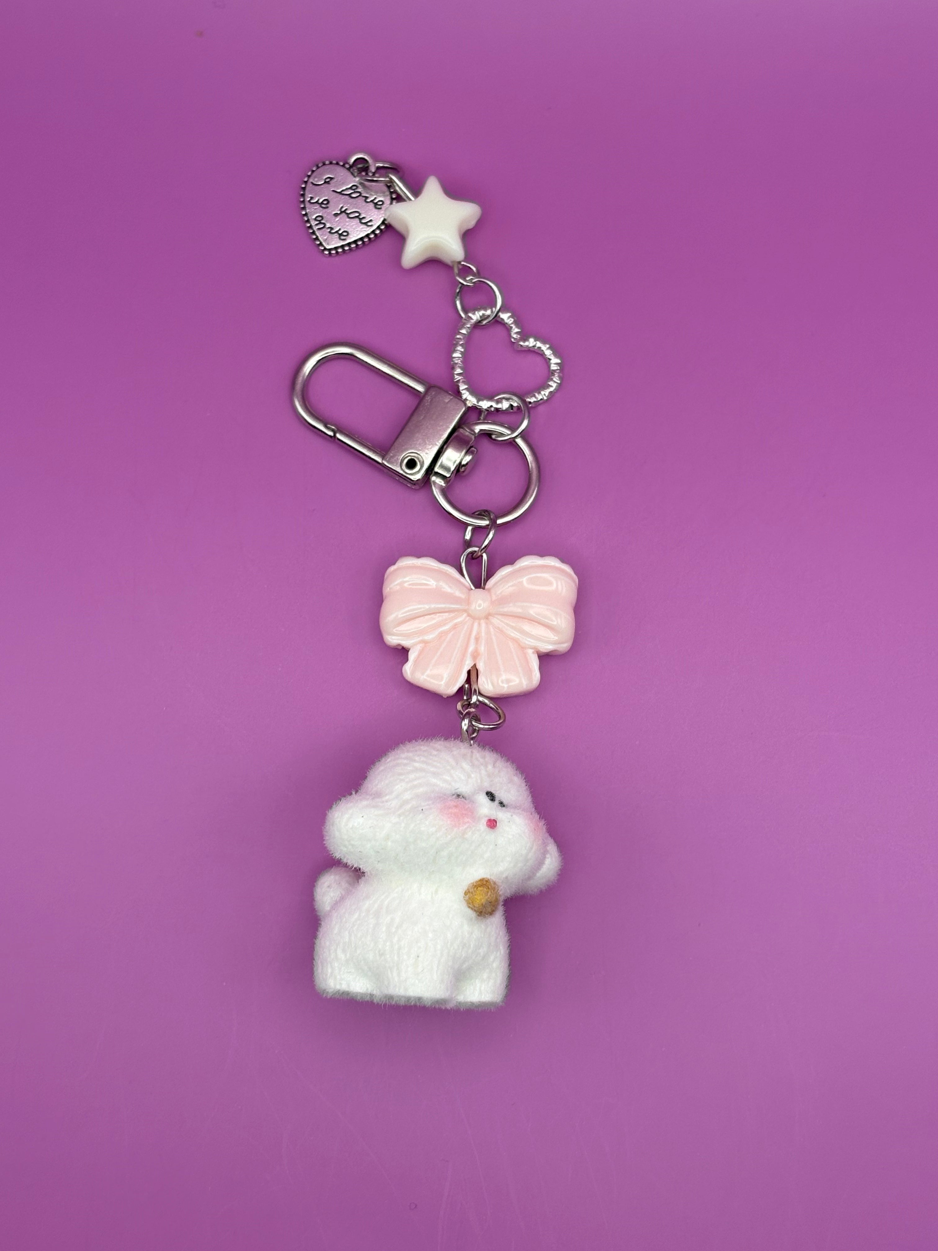 Flocked White Dog - Keychain