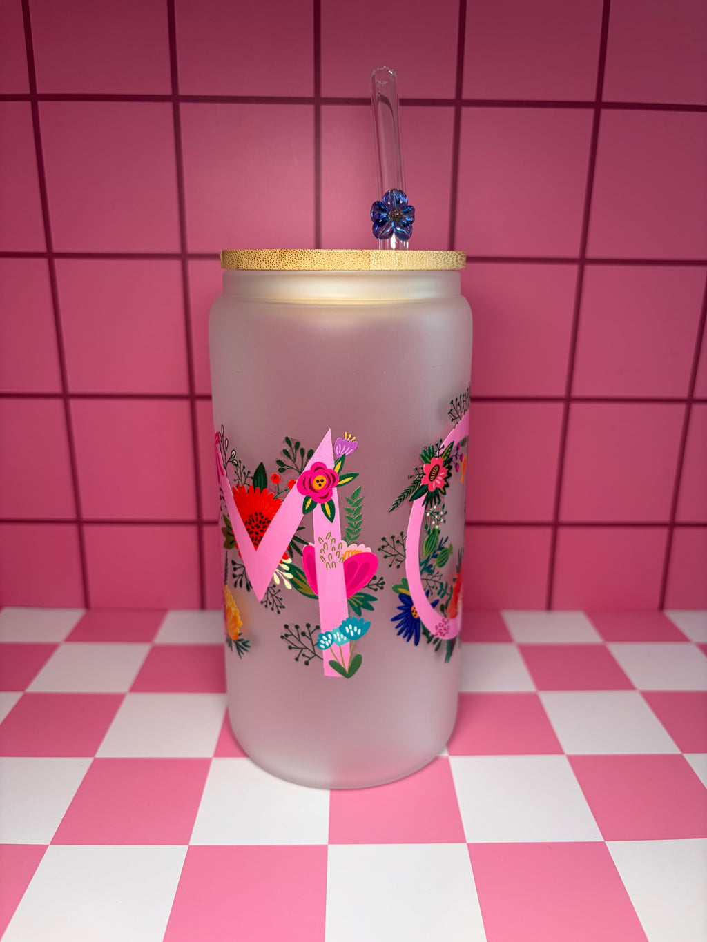 'Mom" floral design frosted can with glass strww