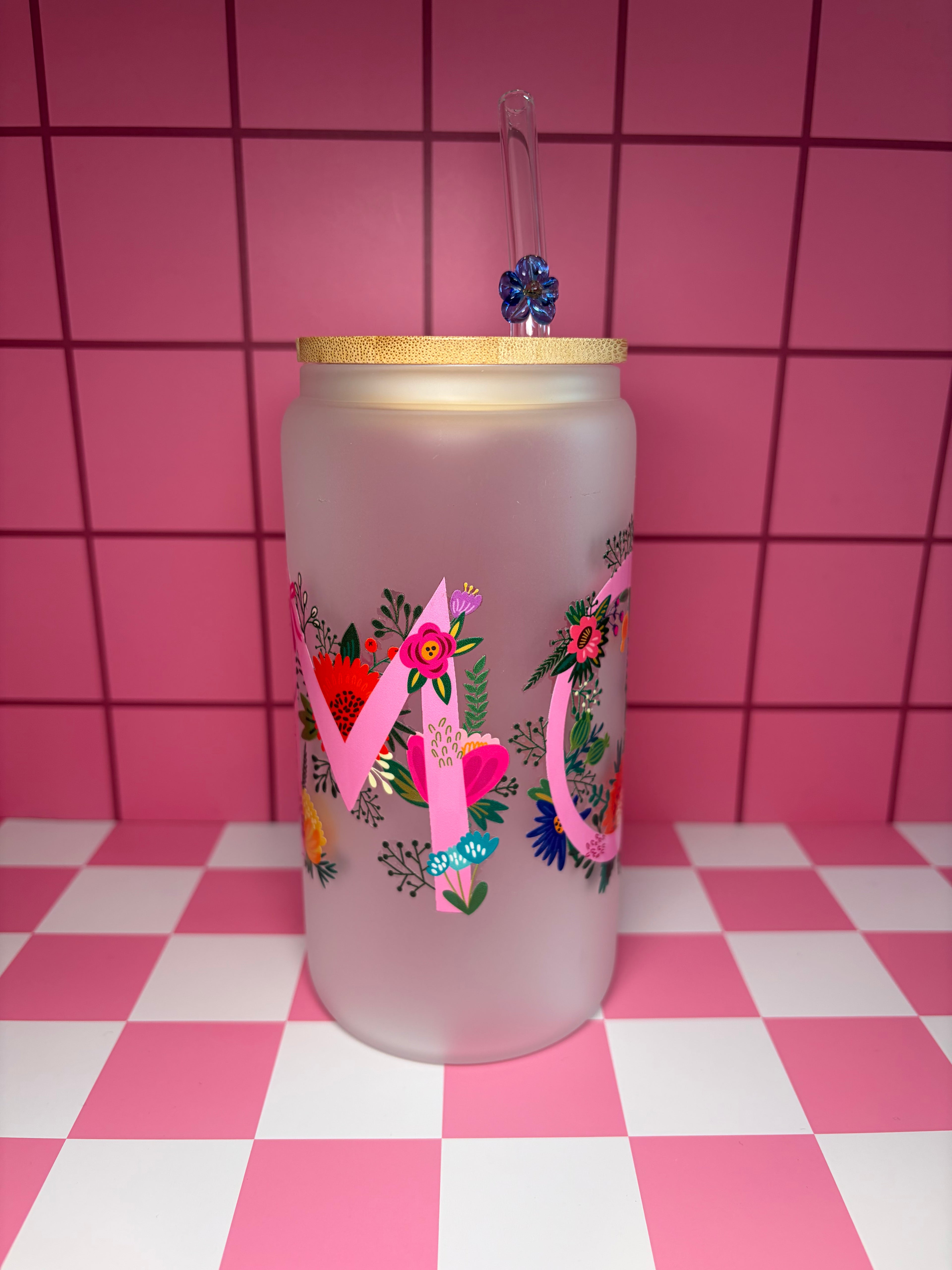 'Mom" floral design frosted can with glass strww