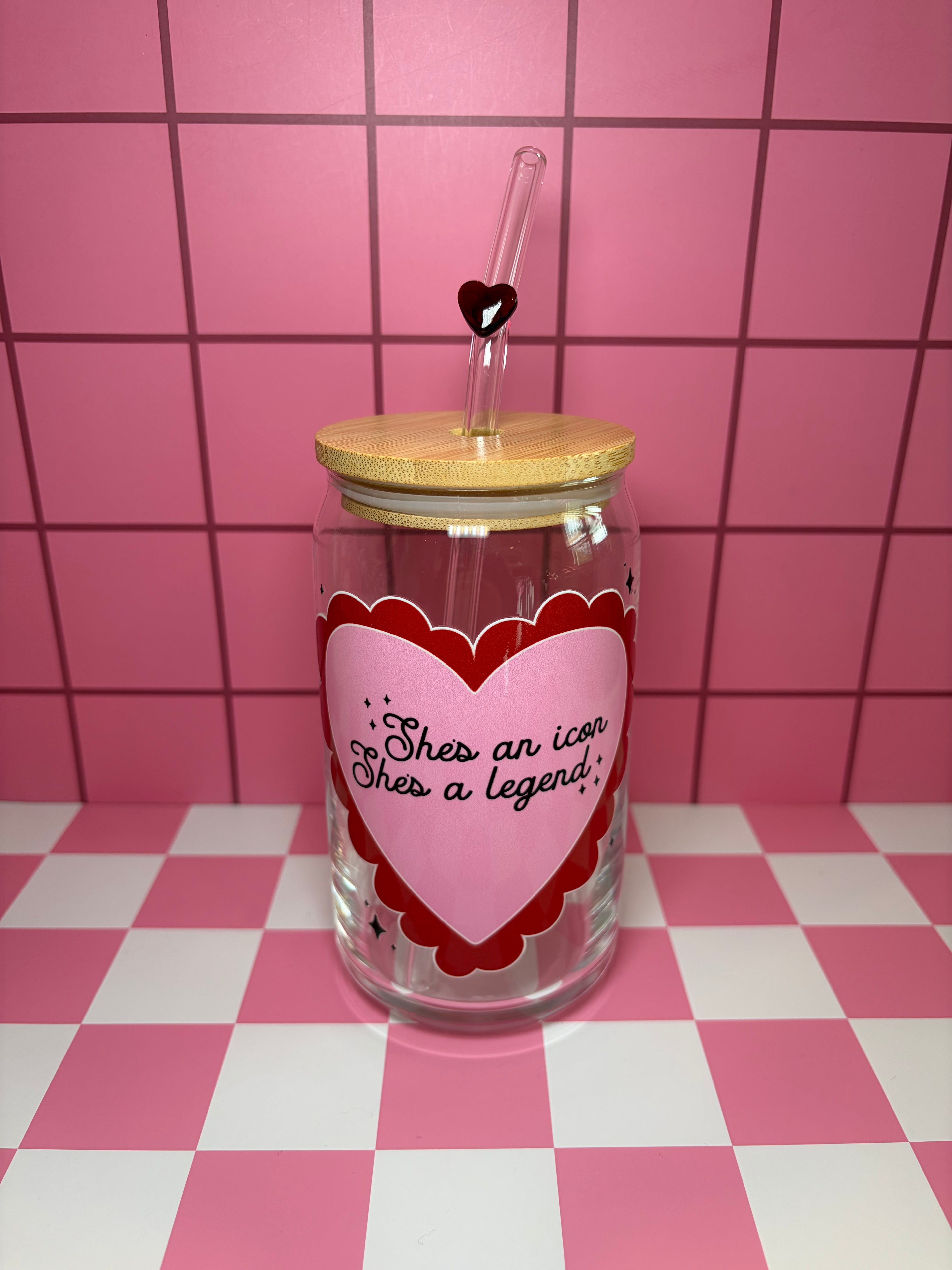 Glass can red and pink ruffle heart with "She's an icon, she's a legend" graphic