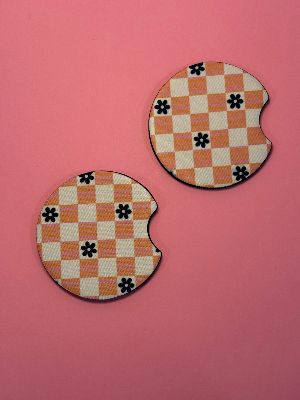 Orange Checkered with Flowers - Car Coaster (Pack of 2)